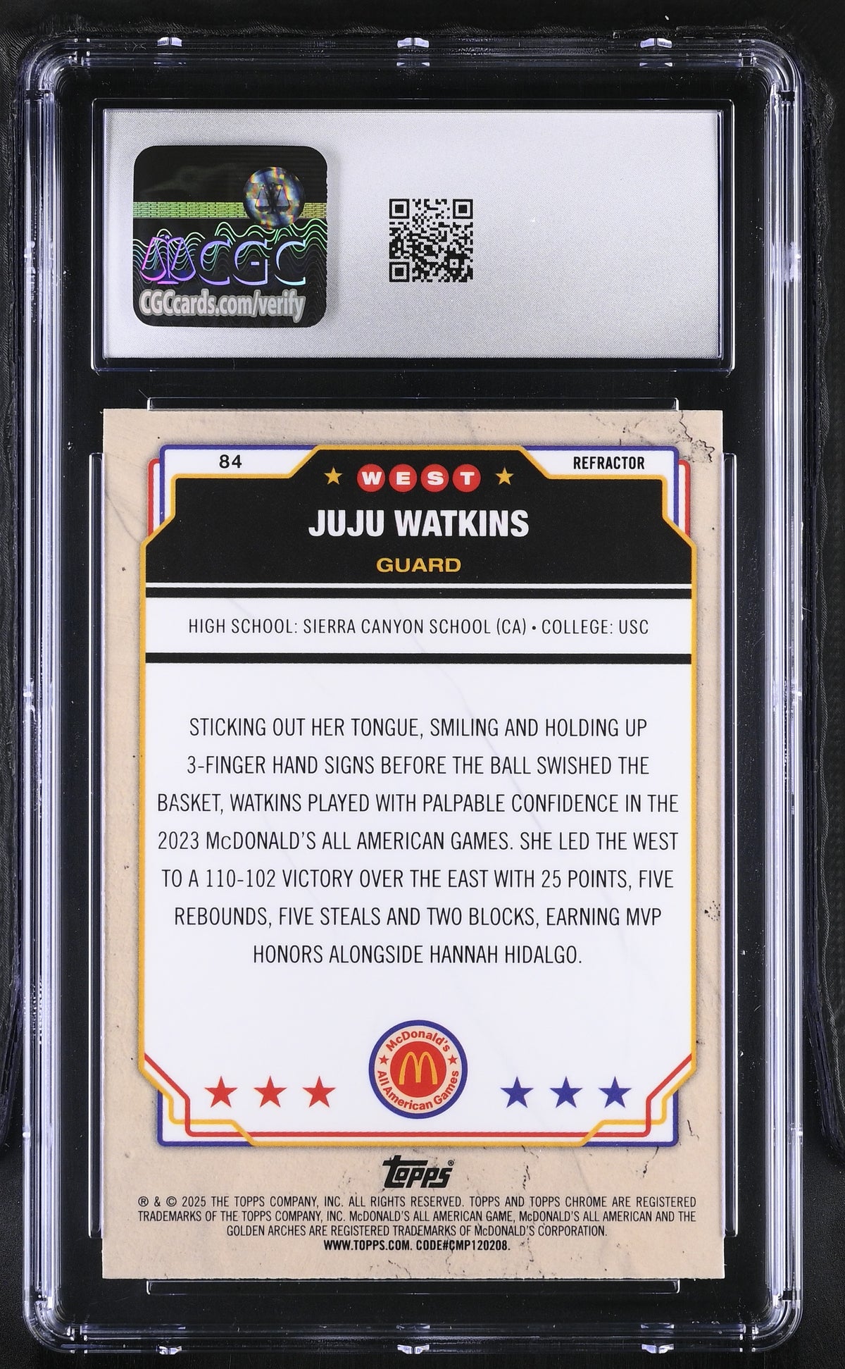2025 Topps Chrome Mcdonald's JuJu Watkins Refractor Rookie All American 84 CGC 9