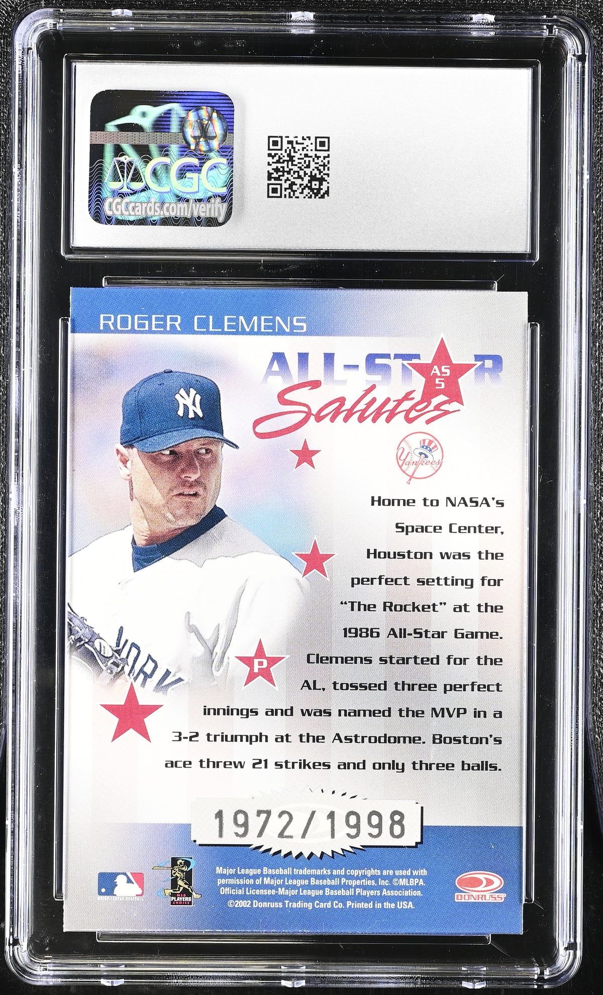 2002 Donruss Elite Roger Clemens /1998 All-Star Salutes #AS5 CGC 10 Yankees