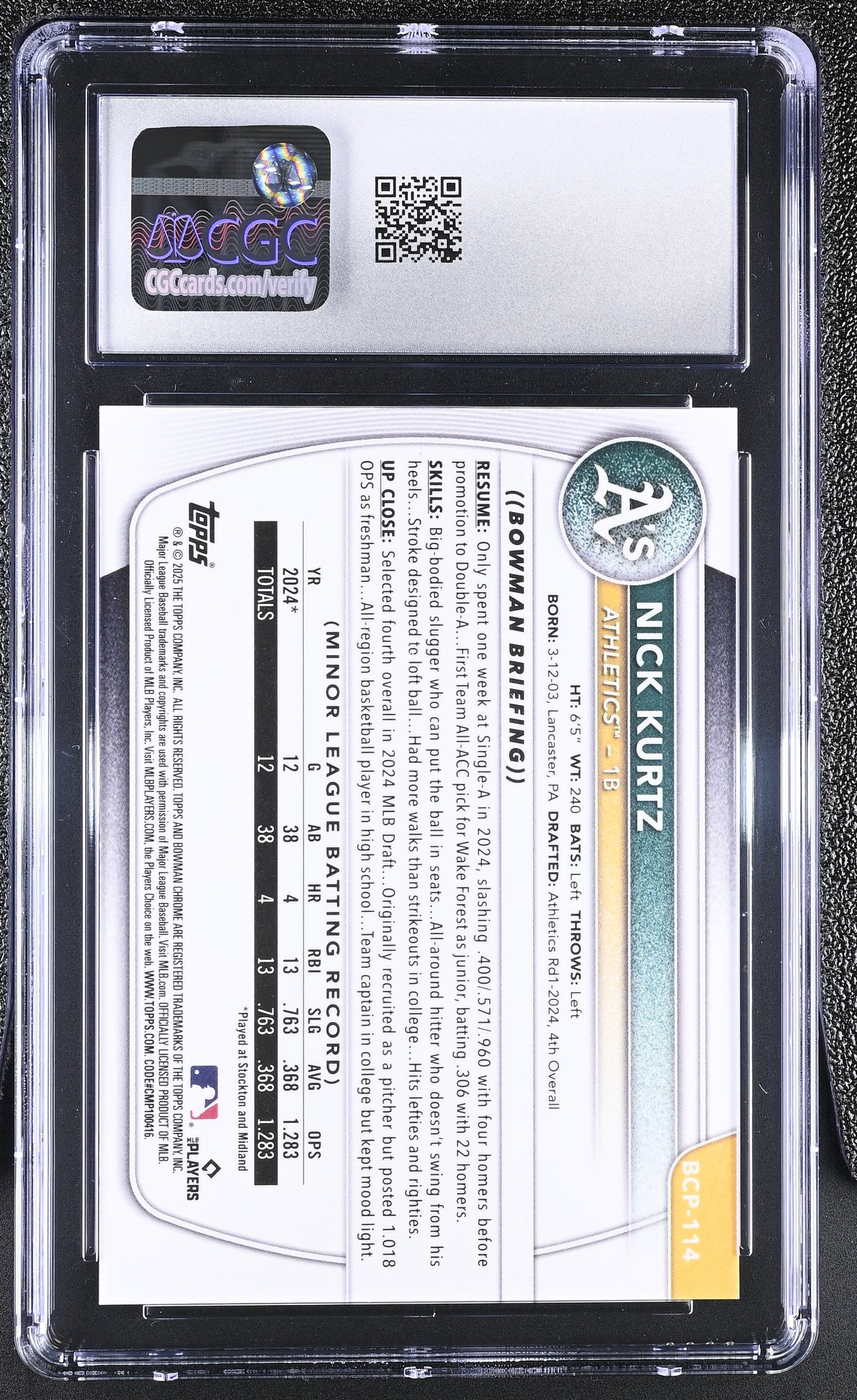 2025 Bowman Nick Kurtz Aqua Shimmer Refractor /125 Rookie Chrome #BCP-114 CGC 10