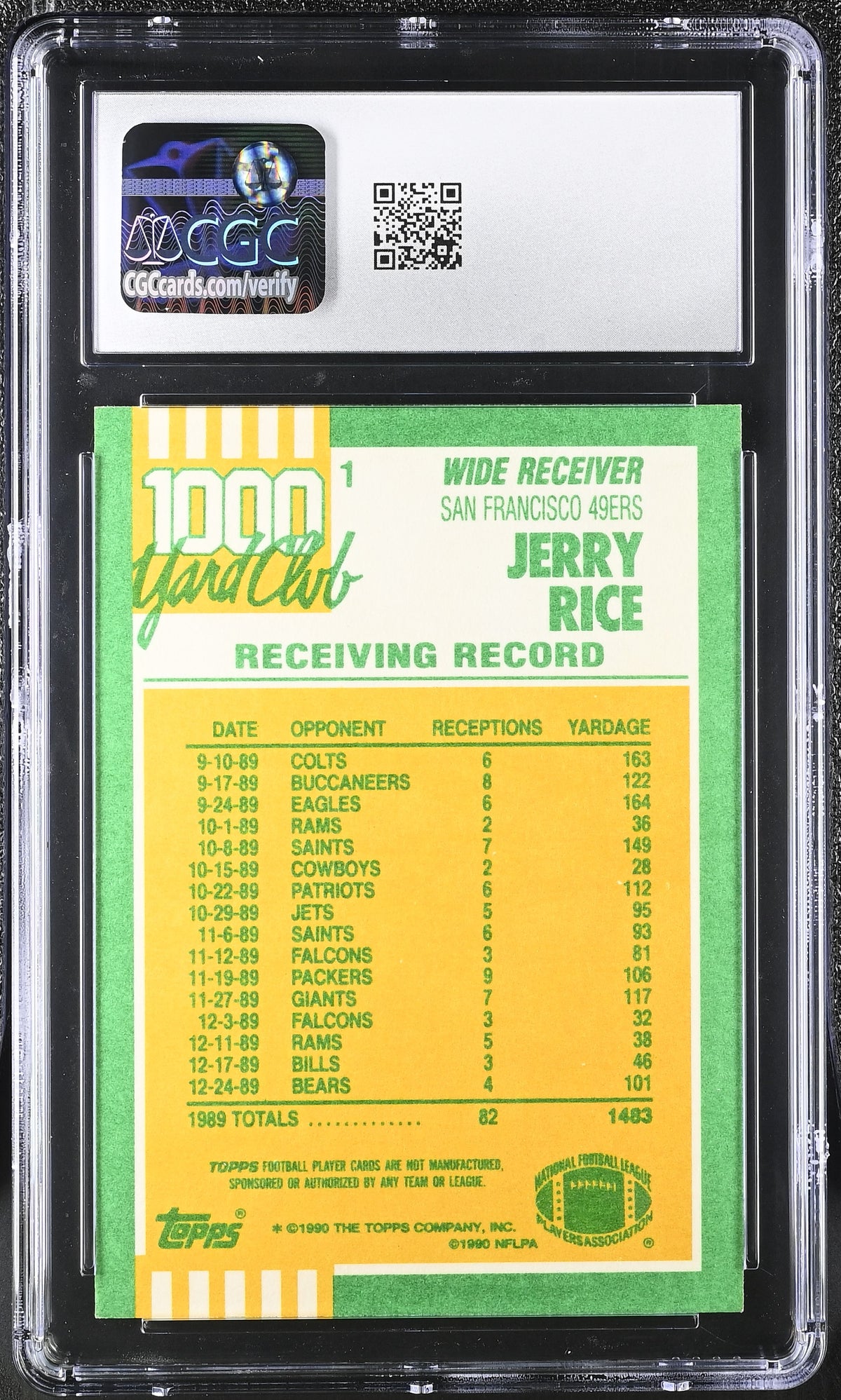 1990 Topps Jerry Rice 1000 Yard Club #1 CGC 9 San Francisco 49ers