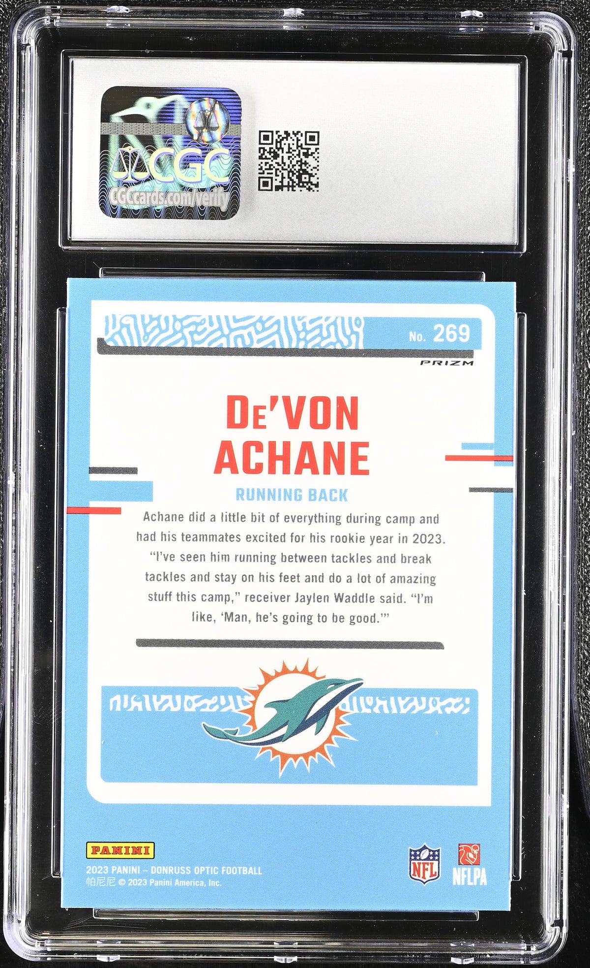 2023 Donruss Optic De'Von Achane Purple Shock Rookie #269 CGC 10 Miami Dolphins