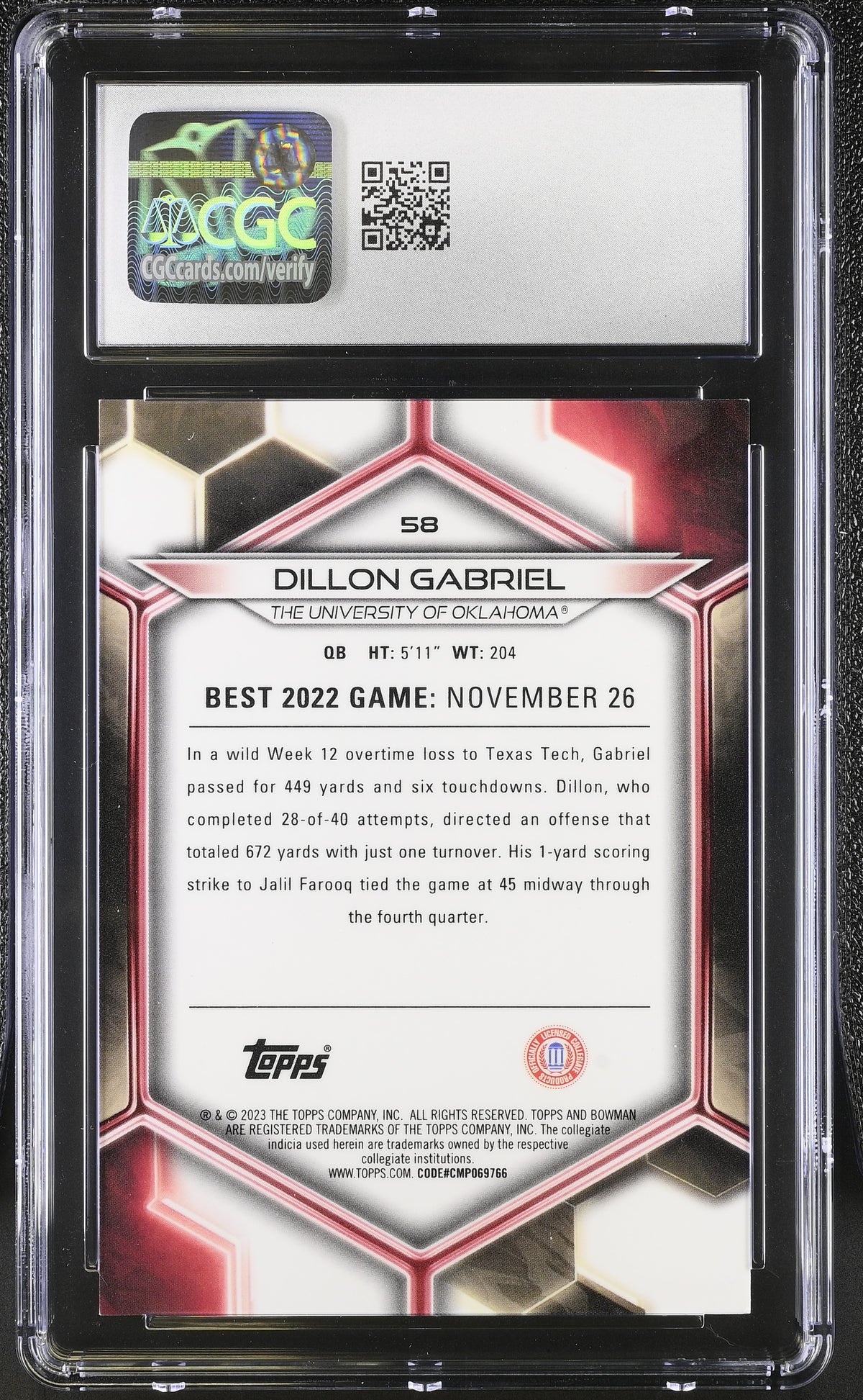2023 Bowman University Best Dillon Gabriel Yellow /75 Rookie #58 CGC 10 Oklahoma