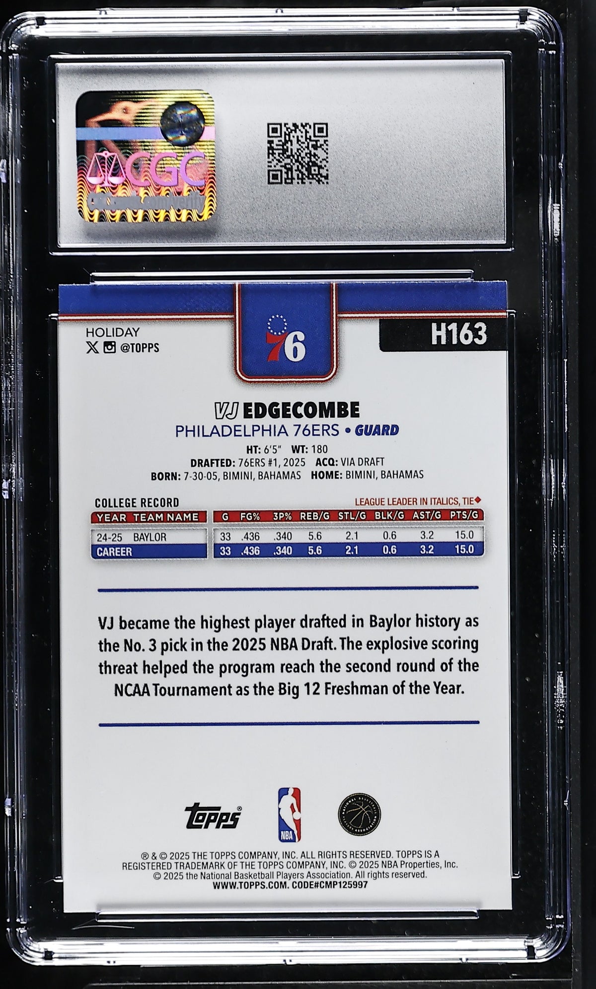 2025-26 Topps Holiday VJ Edgecombe Rookie #H163 CGC 10 Philadelphia 76ers