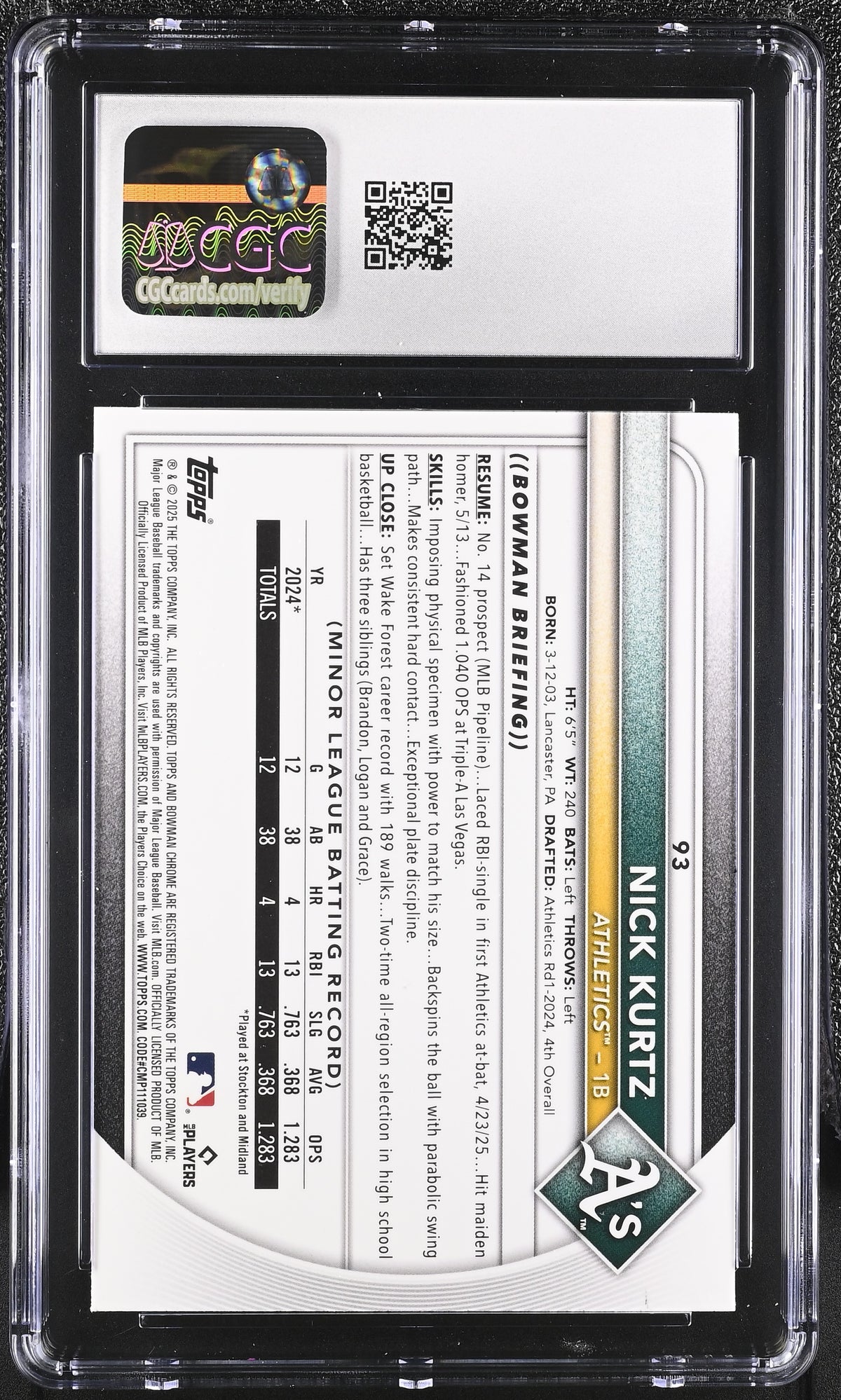 2025 Bowman Chrome Mega Box Nick Kurtz Rookie #93 CGC 10 Oakland Athletics