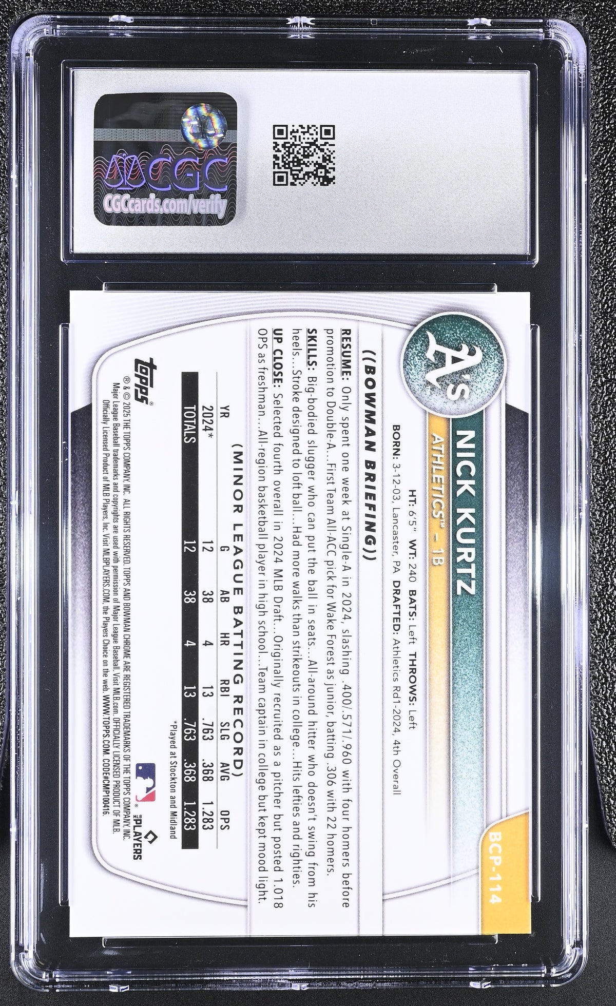 2025 Bowman Nick Kurtz Fuchsia Wave Refractor /199 Rookie Chrome #BCP-114 CGC 10