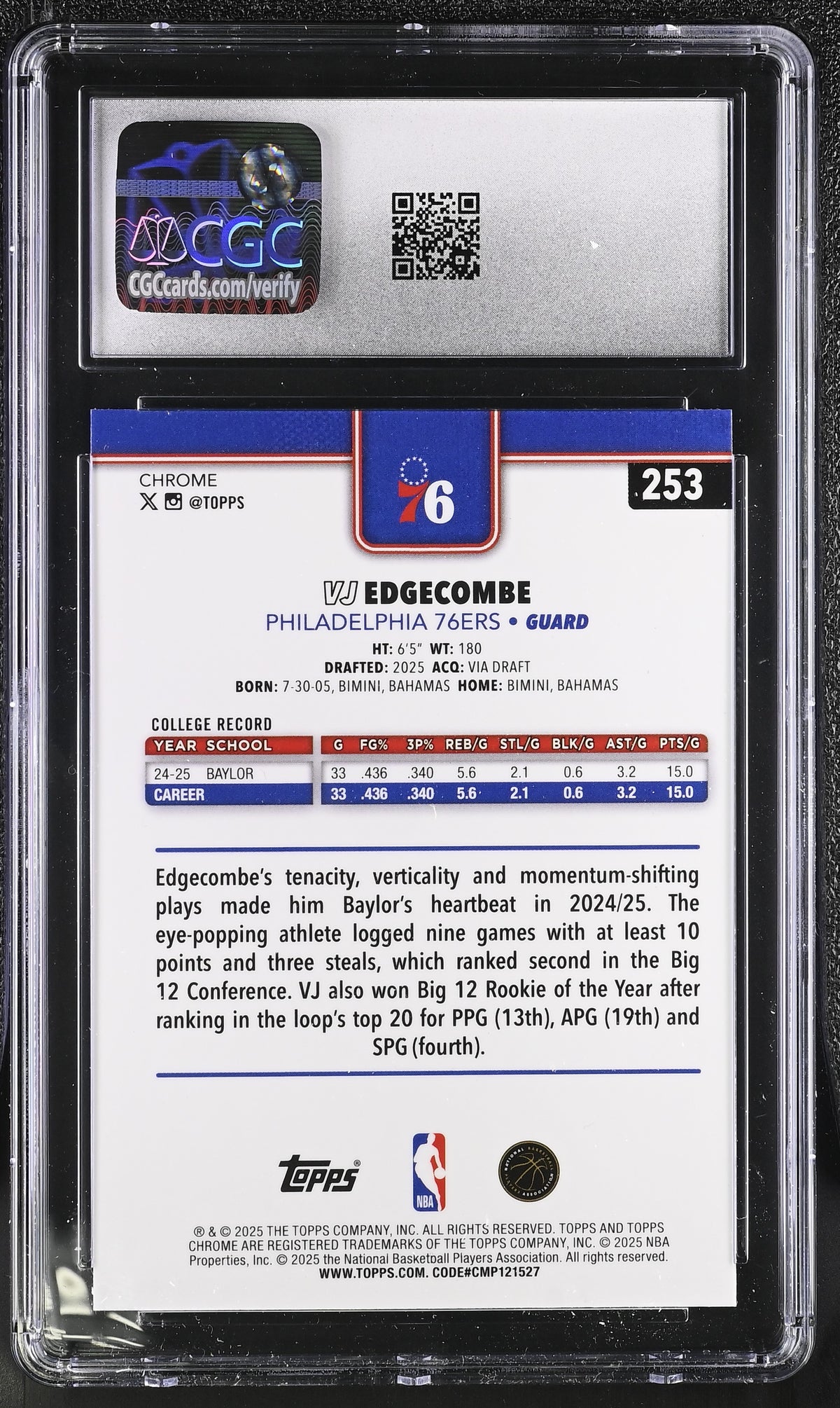 2025-26 Topps Chrome VJ Edgecombe Refractor Rookie #253 CGC 9 Philadelphia 76ers