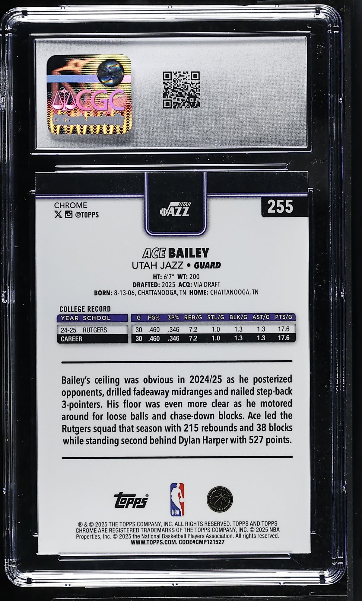 2025-26 Topps Chrome Ace Bailey Rookie #255 CGC 9.5 Utah Jazz