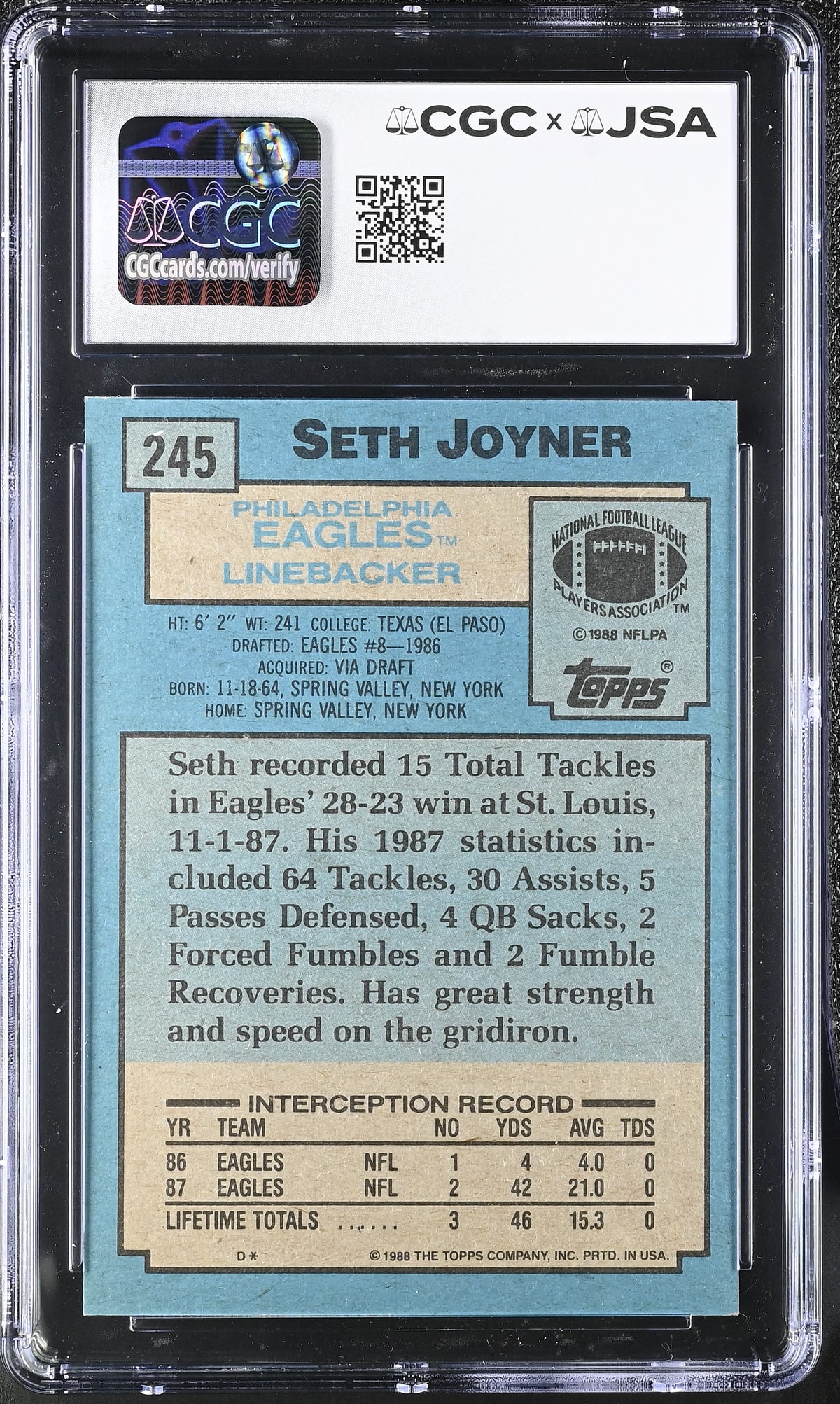 1988 Topps Seth Joyner Autograph #245 CGC Authentic JSA Philadelphia Eagles