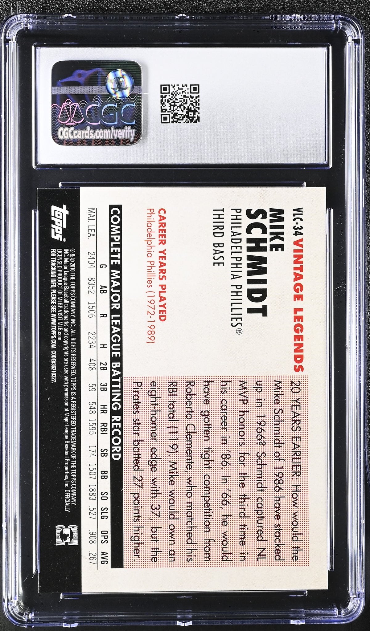 2010 Topps Update Mike Schmidt Vintage Legends #VLC-34 CGC 9.5 Phillies