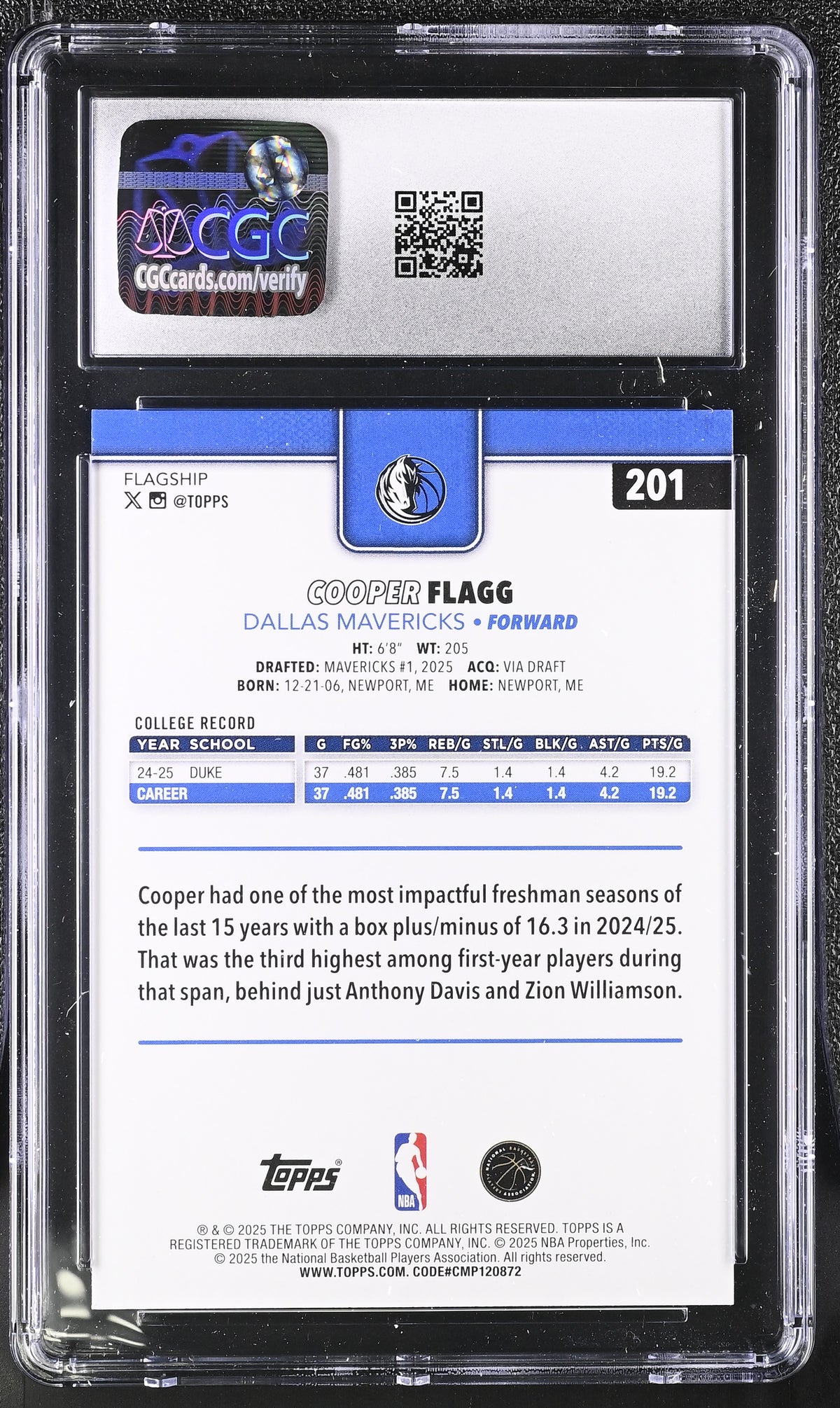 2025-26 Topps Cooper Flagg Rookie #201 CGC 9.5 Dallas Mavericks