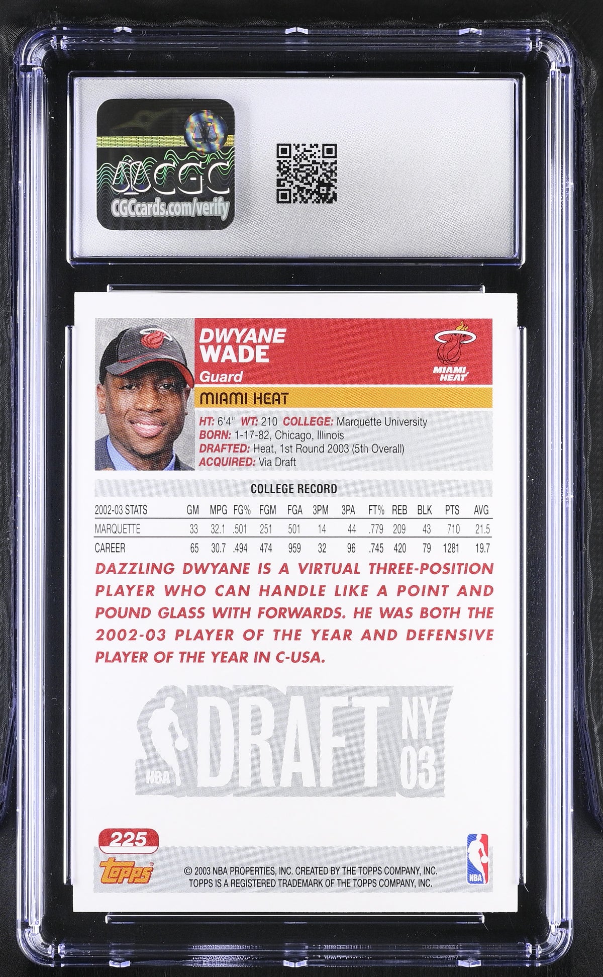 2003-04 Topps Dwyane Wade Rookie #225 CGC 8.5 Miami Heat