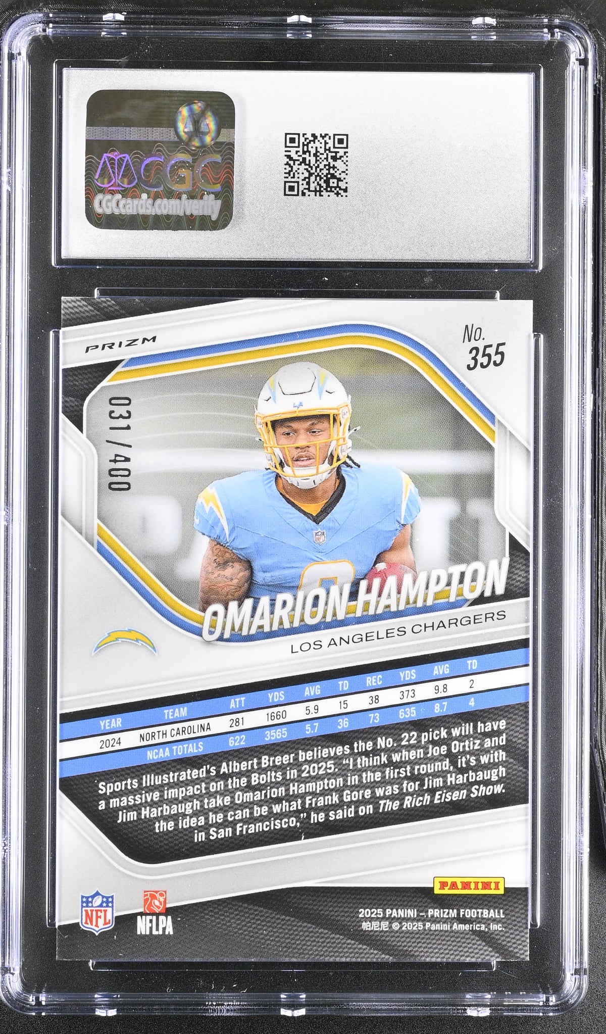 2025 Panini Prizm Omarion Hampton Pandora /400 Rookie #355 CGC 10 Chargers