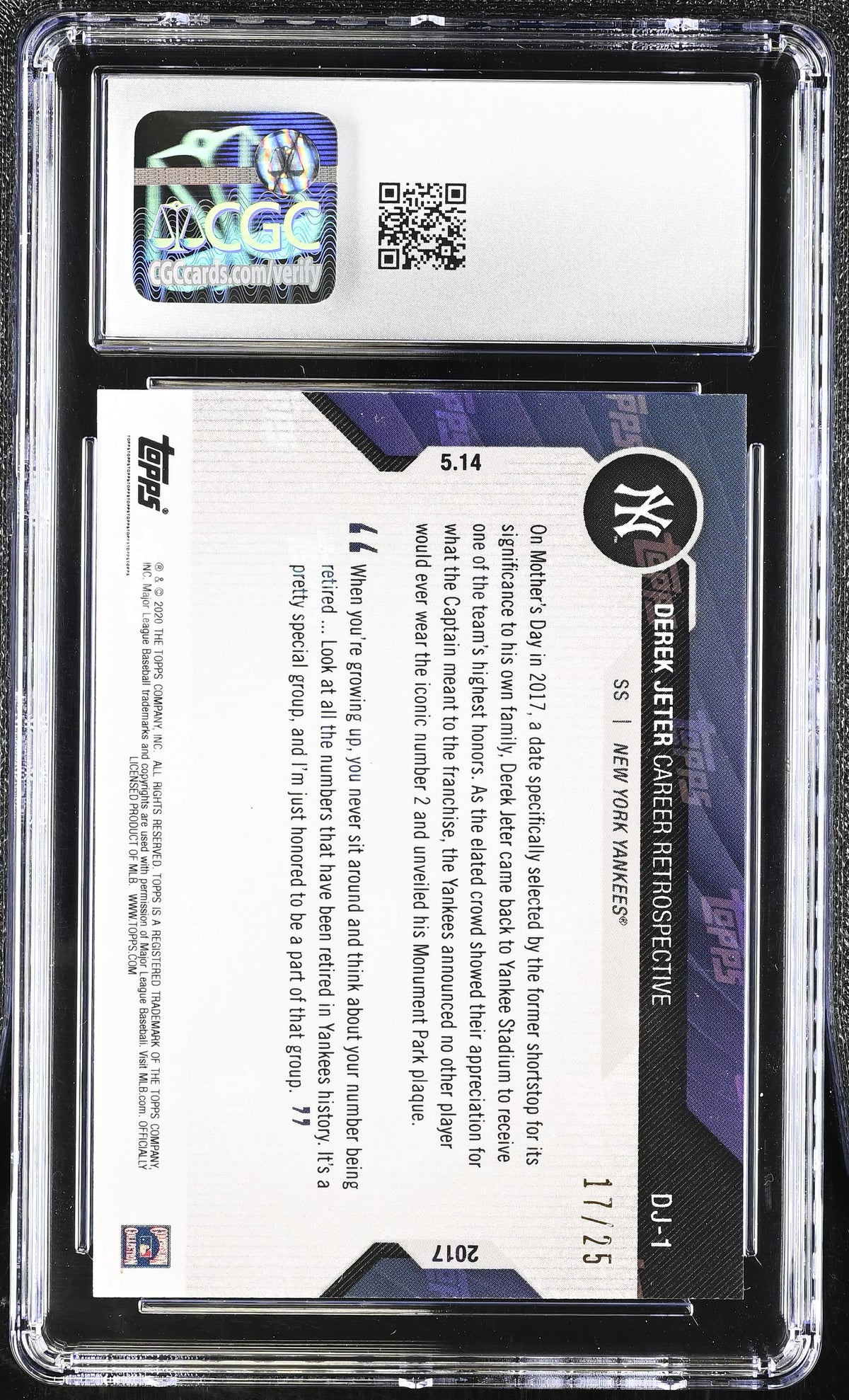 2020 Topps Now Chrome Derek Jeter Purple /25 Career Retrospective #DJ-1 CGC 10