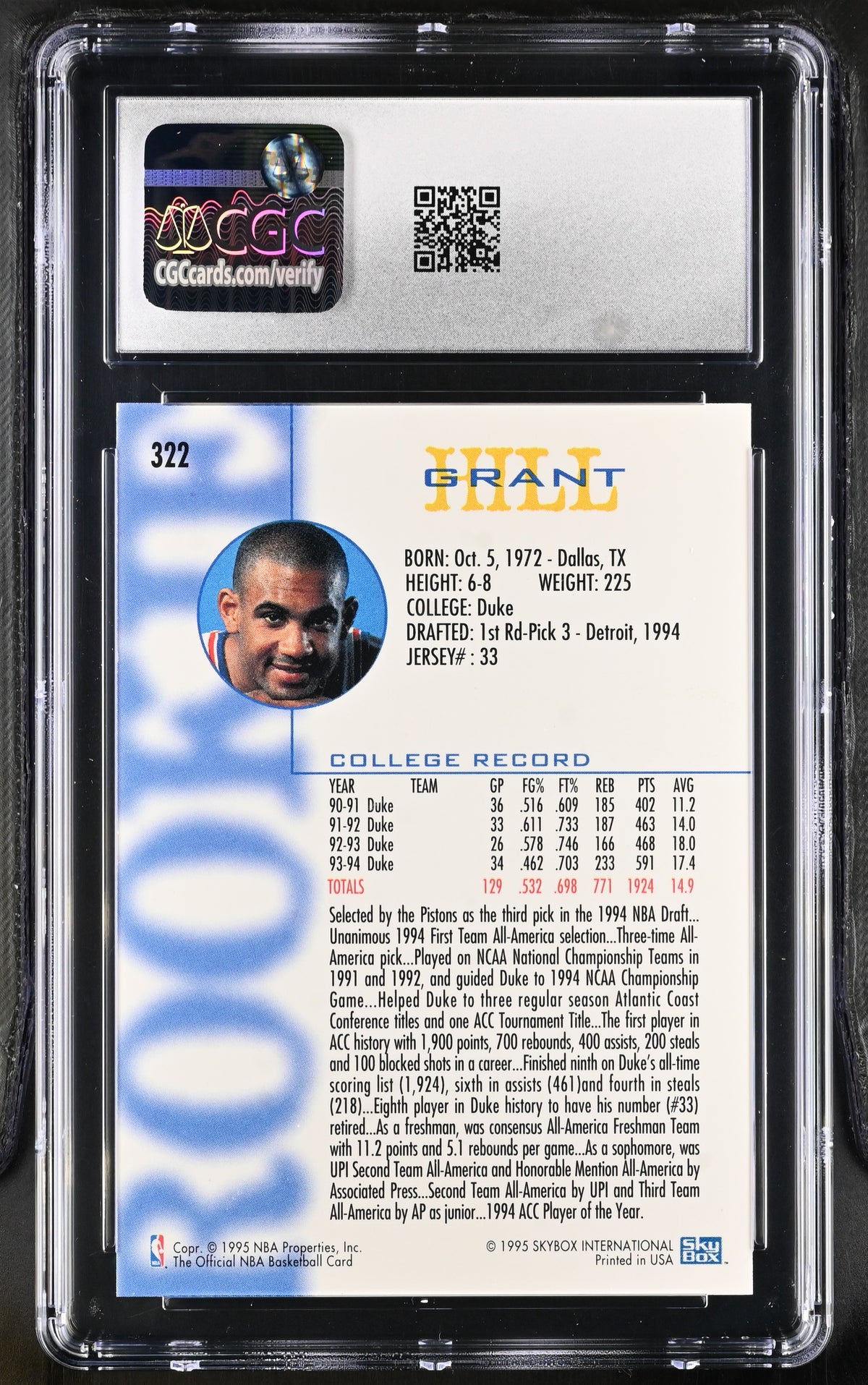 1994-95 Hoops Grant Hill Rookie #322 CGC 9.5 Detroit Pistons