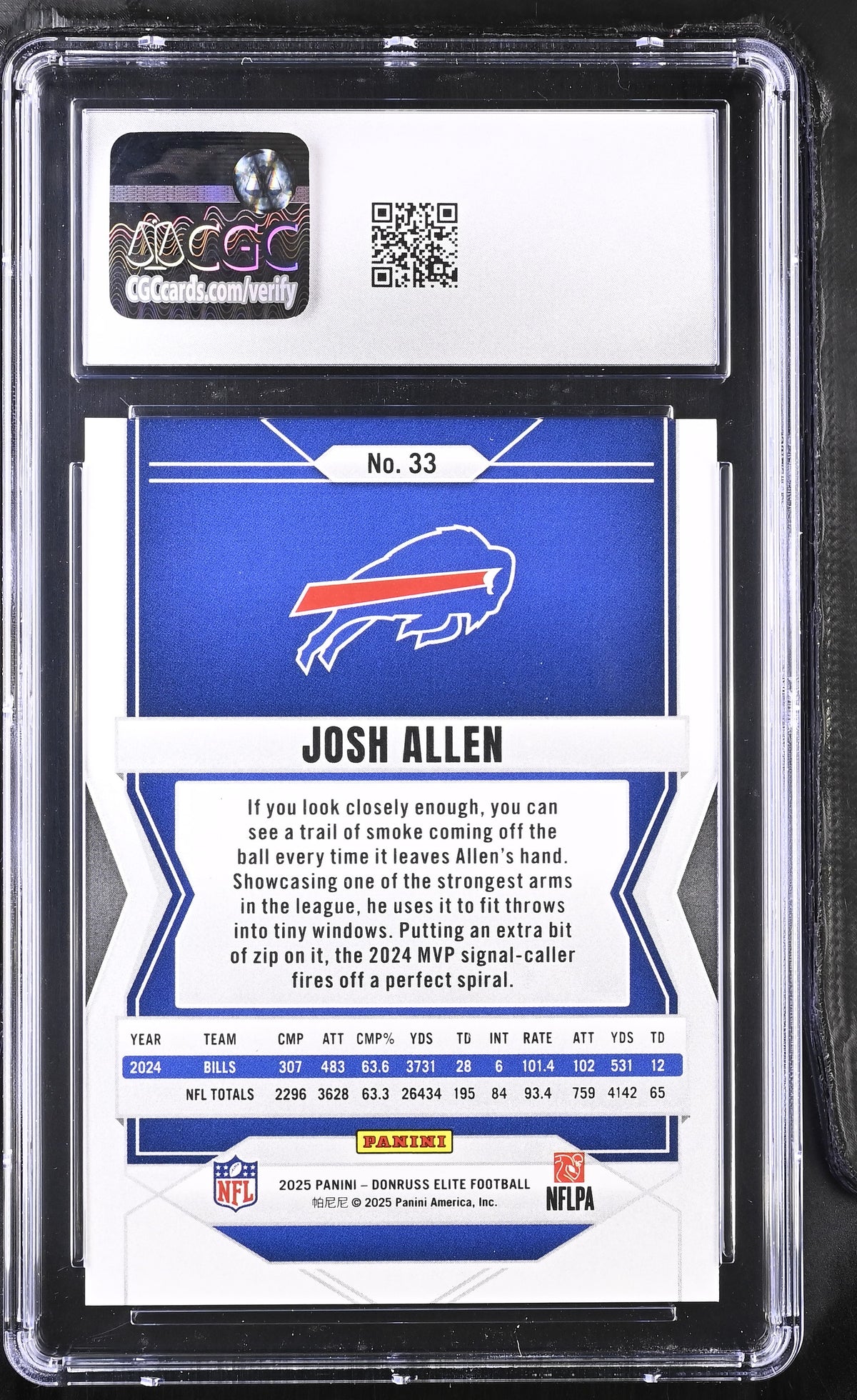 2025 Donruss Elite Josh Allen Status Metallic Orange /849 #33 CGC 9 Bills