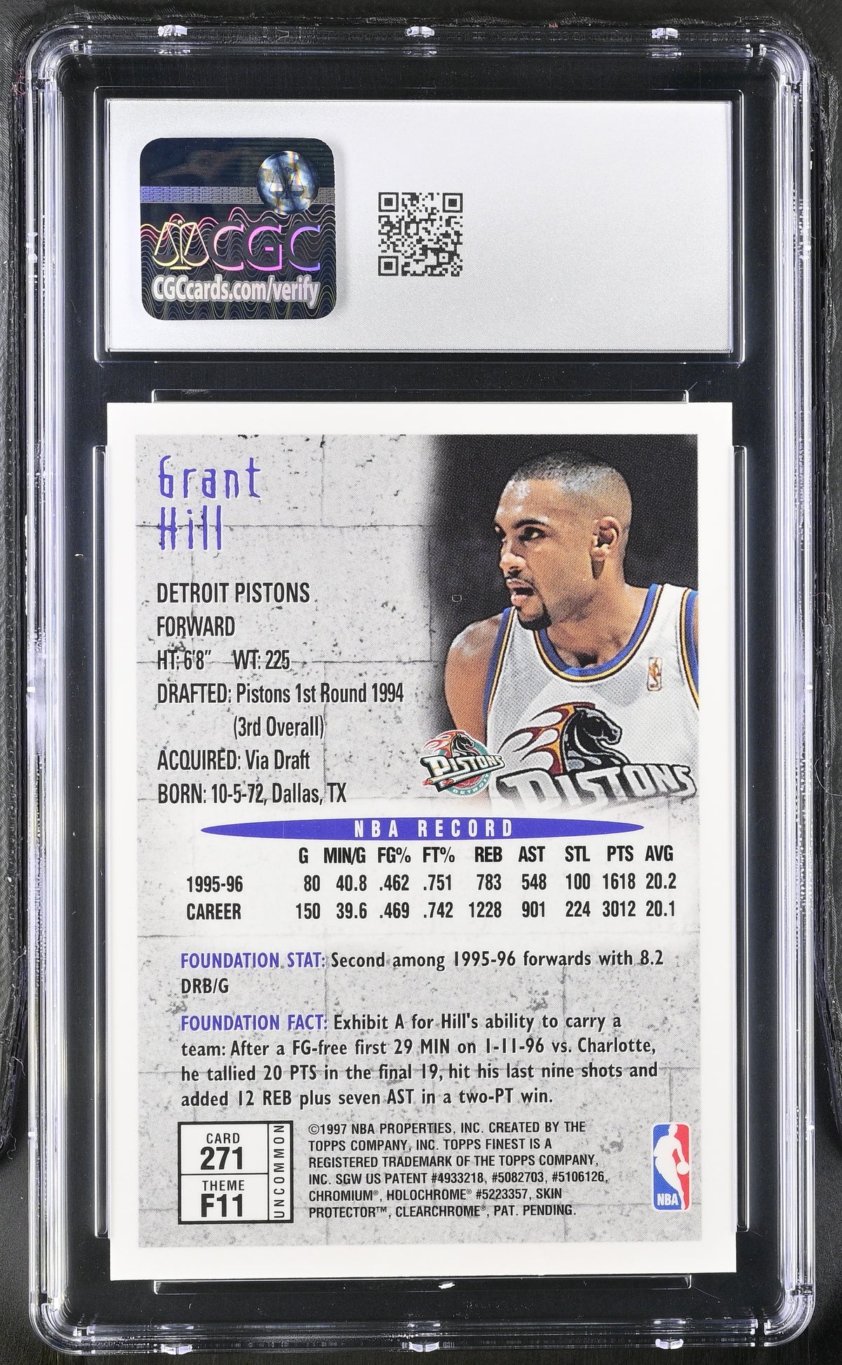 1996-97 Topps Finest Grant Hill w/ Coating #271 CGC 10 Detroit Pistons