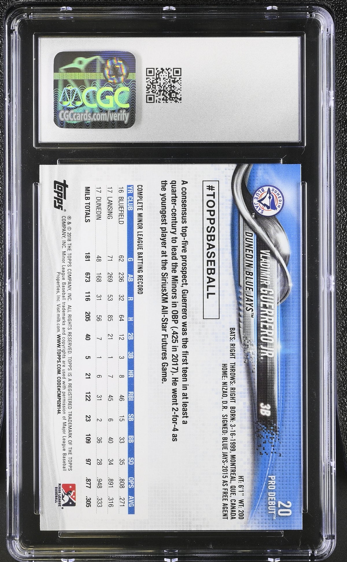 2018 Topps Pro Debut Vladimir Guerrero Jr. Rookie #20 CGC 10 Dunedin Blue Jays