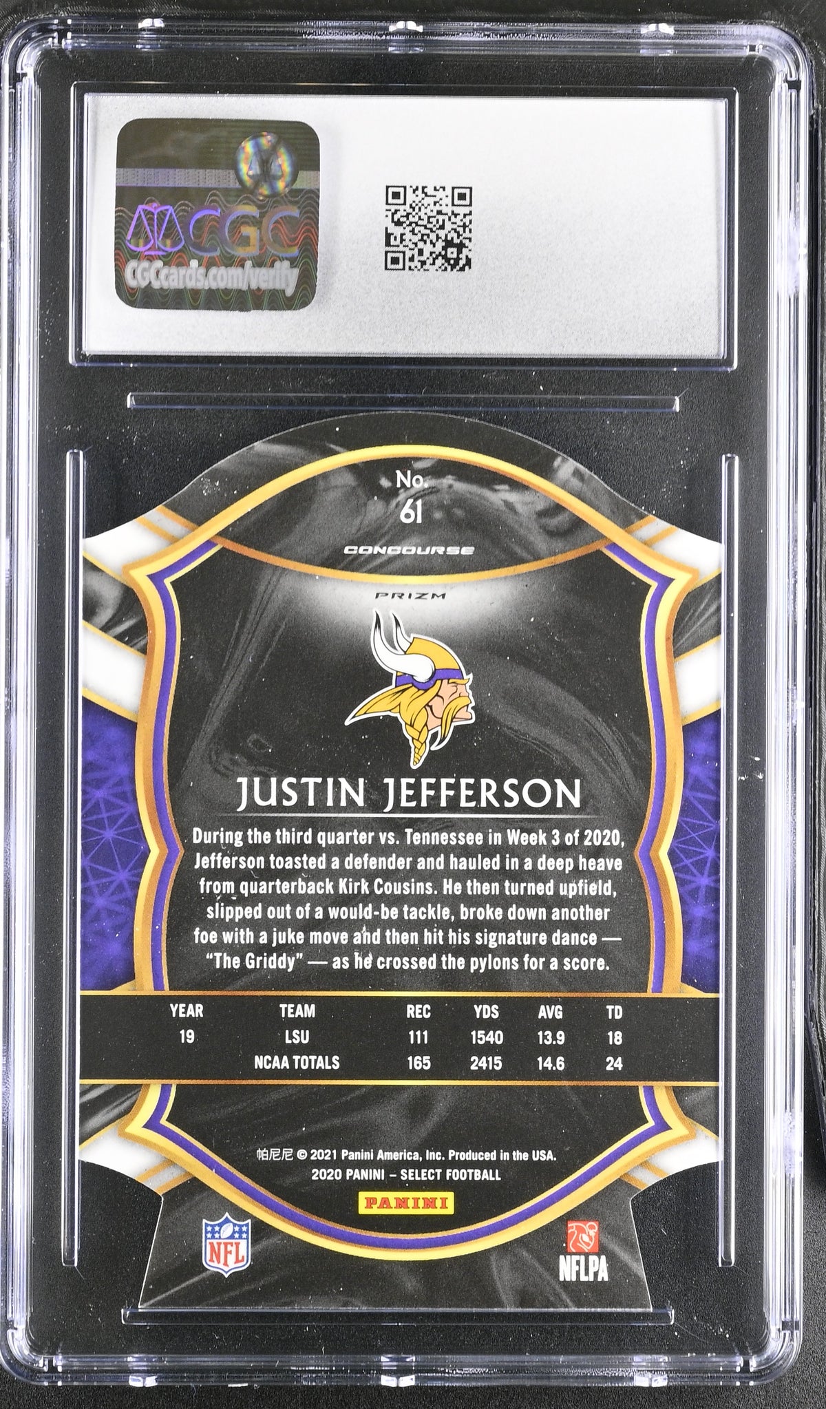 2020 Panini Select Justin Jefferson Purple Die-Cut Rookie #61 CGC 9 Vikings