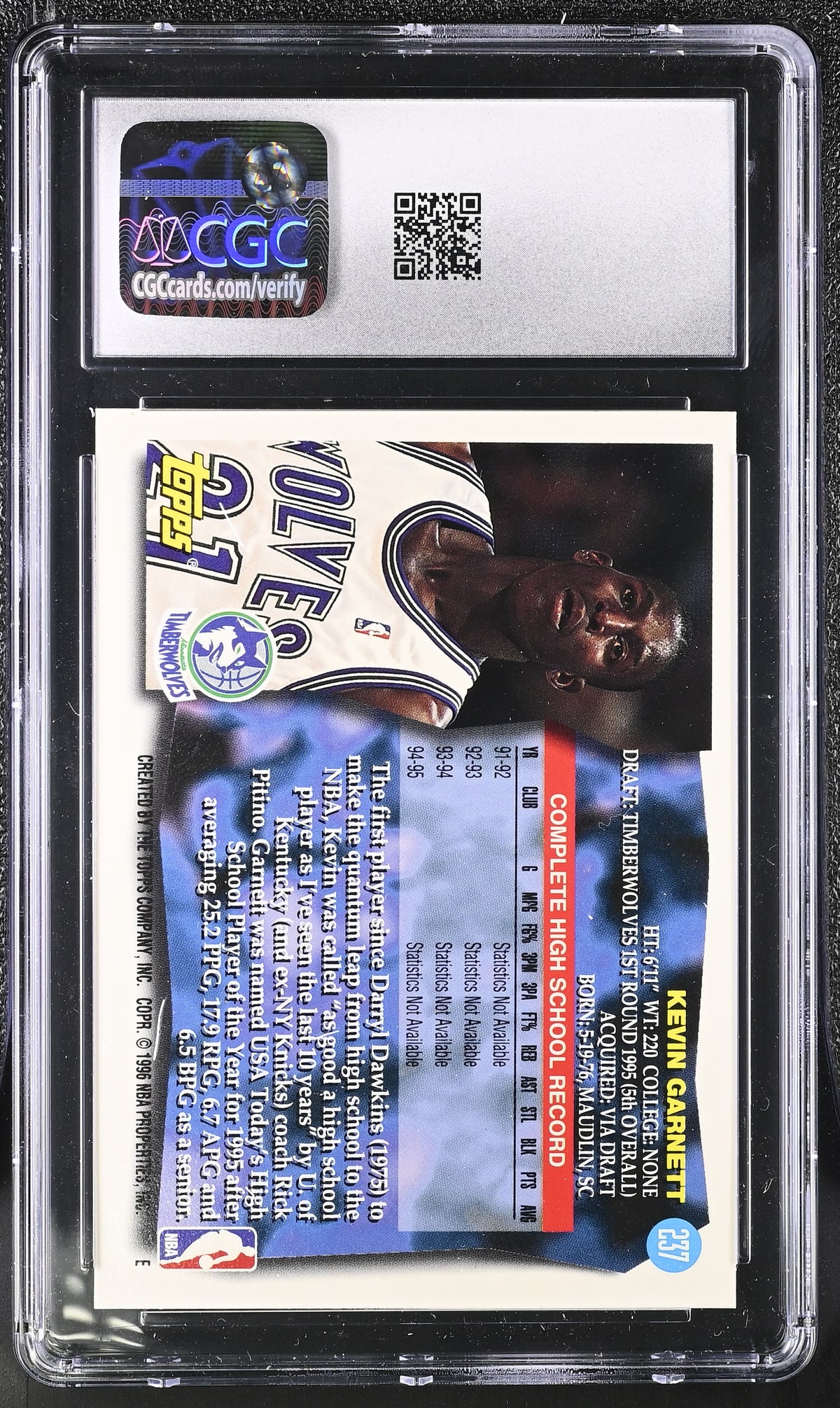 1995-96 Topps Kevin Garnett Rookie #237 CGC 9 Minnesota Timberwolves