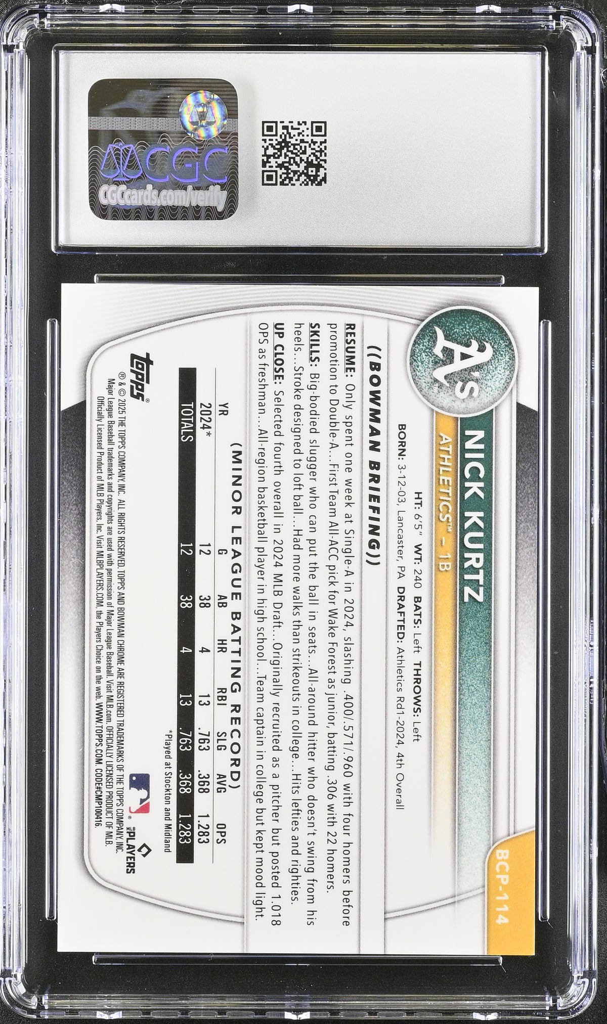 2025 Bowman Nick Kurtz Blue Shimmer Refractor /150 Rookie Chrome #BCP-114 CGC 10