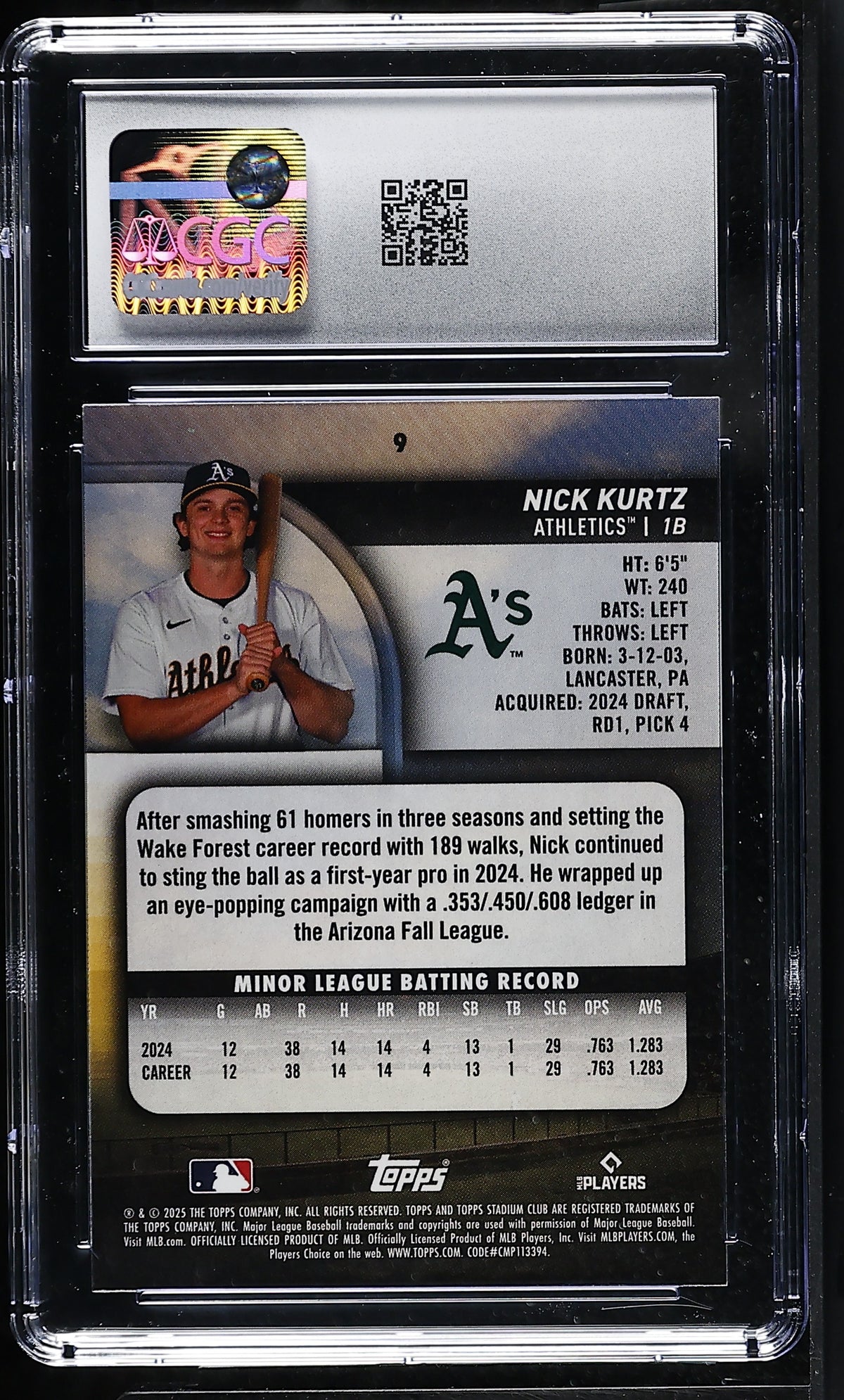 2025 Stadium Club Nick Kurtz Rookie #9 CGC 10 Oakland Athletics