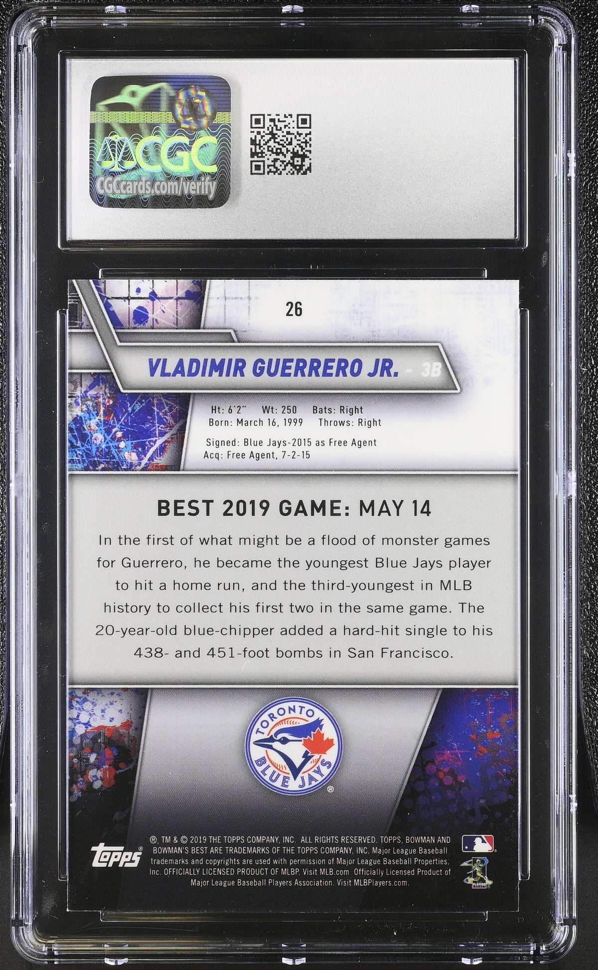 2019 Best Vladimir Guerrero Jr. Rookie #26 CGC 10 Toronto Blue Jays