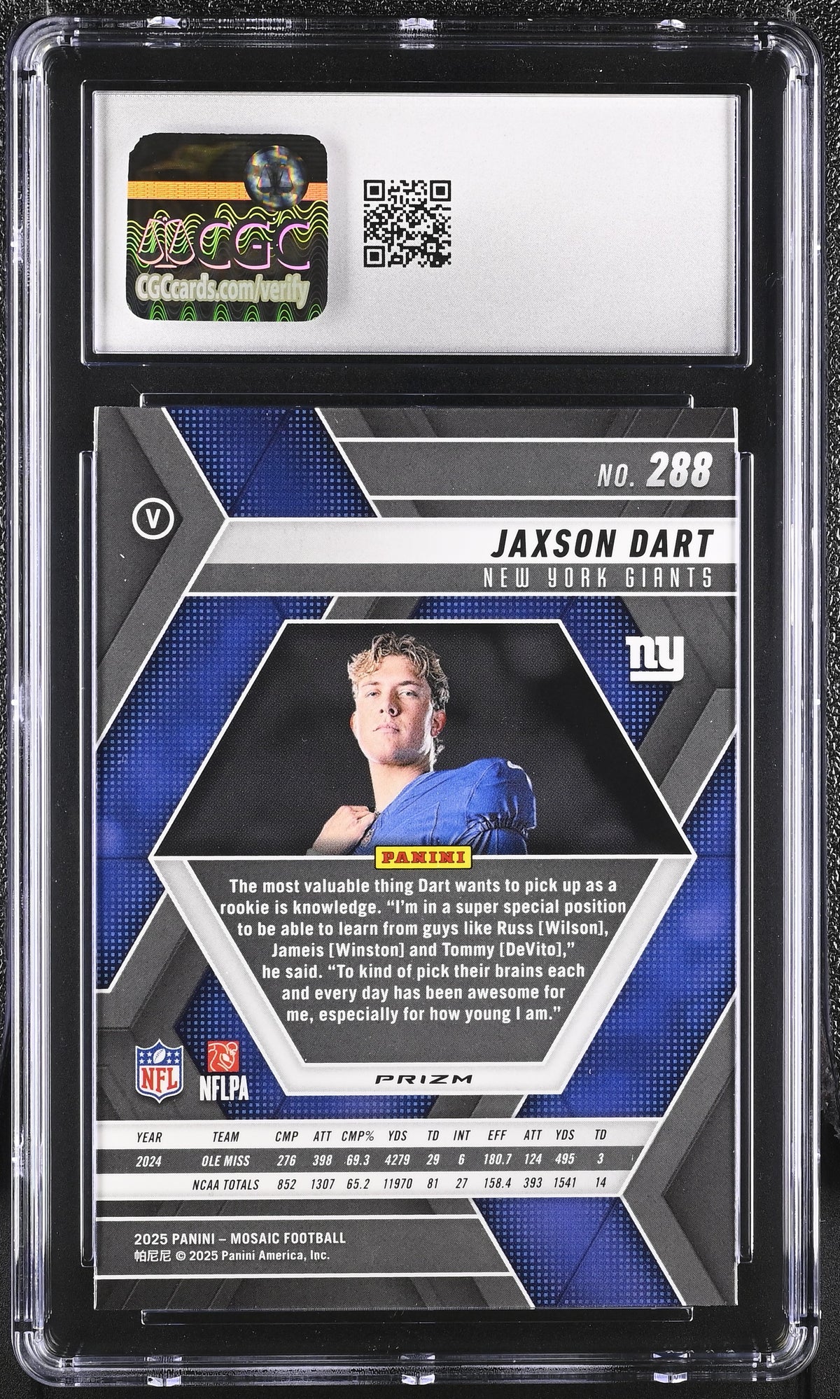 2025 Panini Mosaic Jaxson Dart Rookie Variation Green Rookie #288 CGC 10 Giants