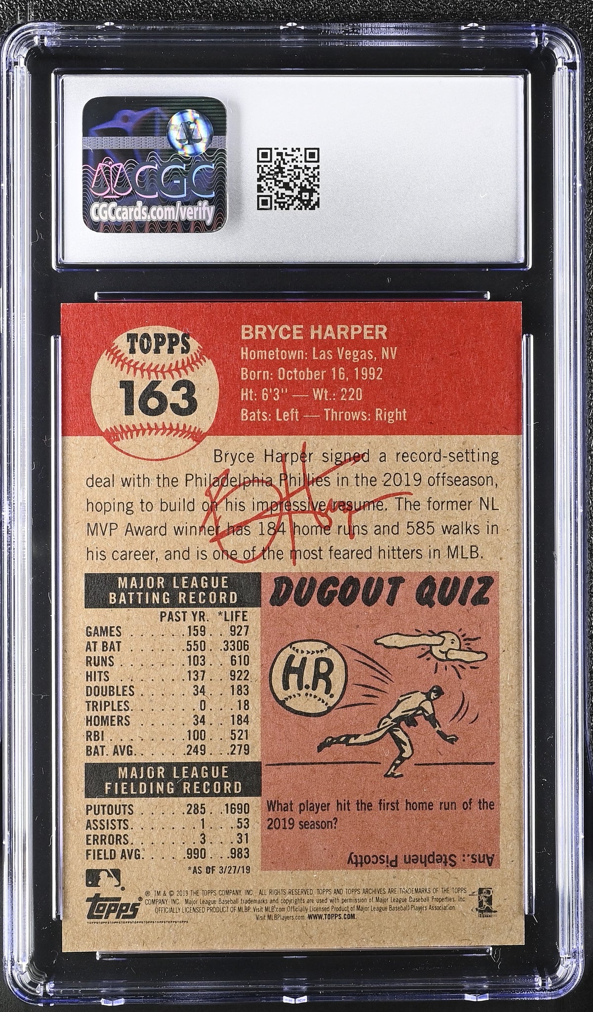 2019 Topps Living Set Bryce Harper #163 CGC 10 Philadelphia Phillies