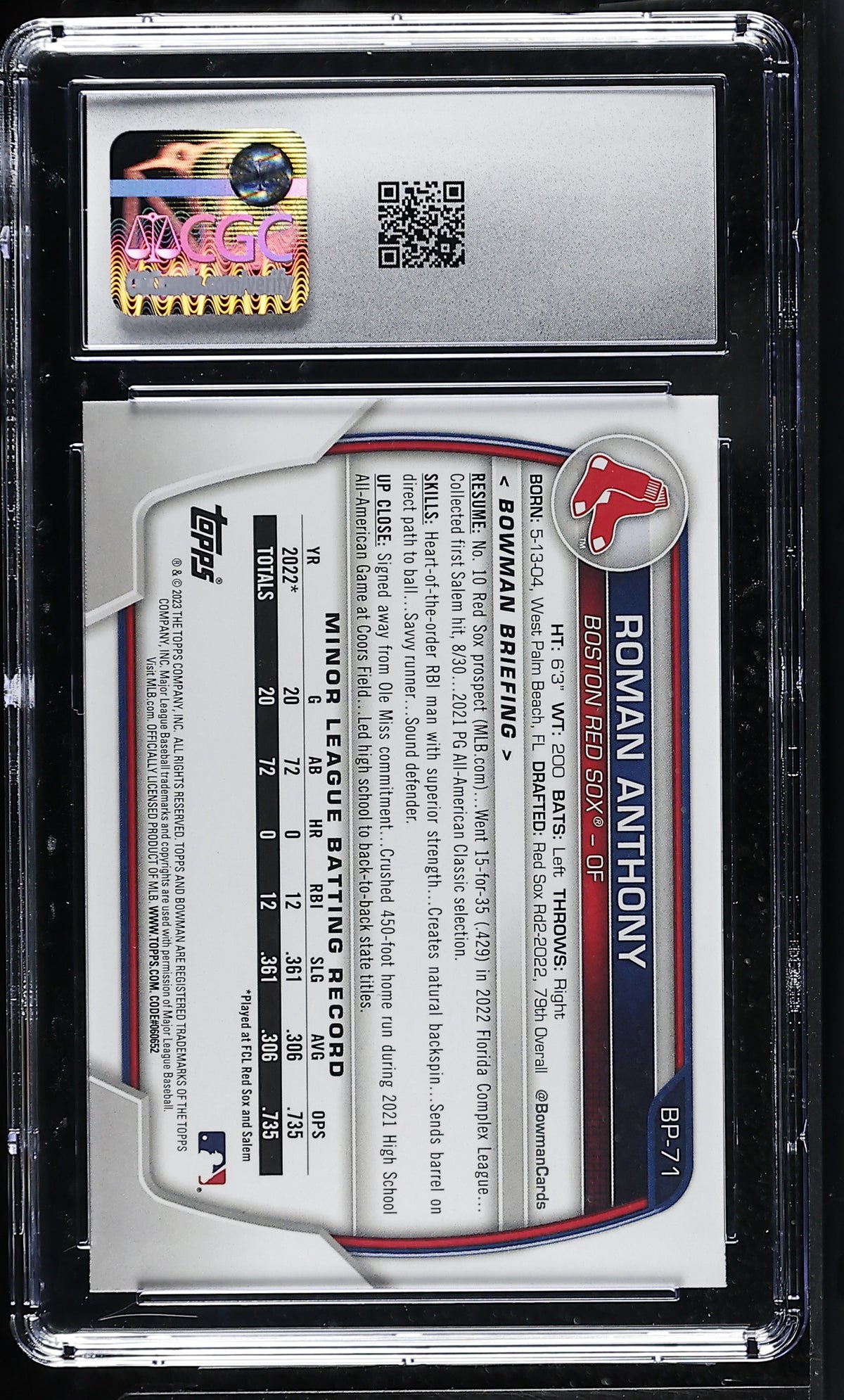 2023 Bowman Roman Anthony Rookie Prospects #BP-71 CGC 10 Boston Red Sox