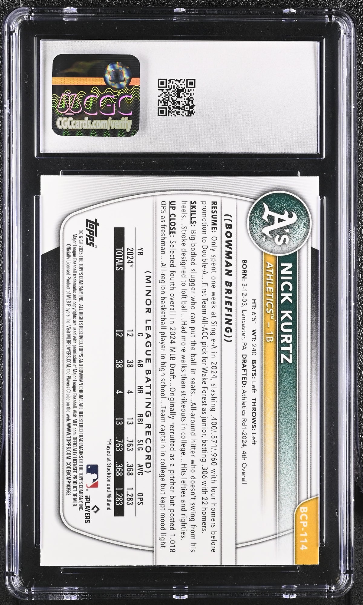 2025 Bowman Mega Box Nick Kurtz Rookie #BCP-114 CGC 10 Oakland Athletics