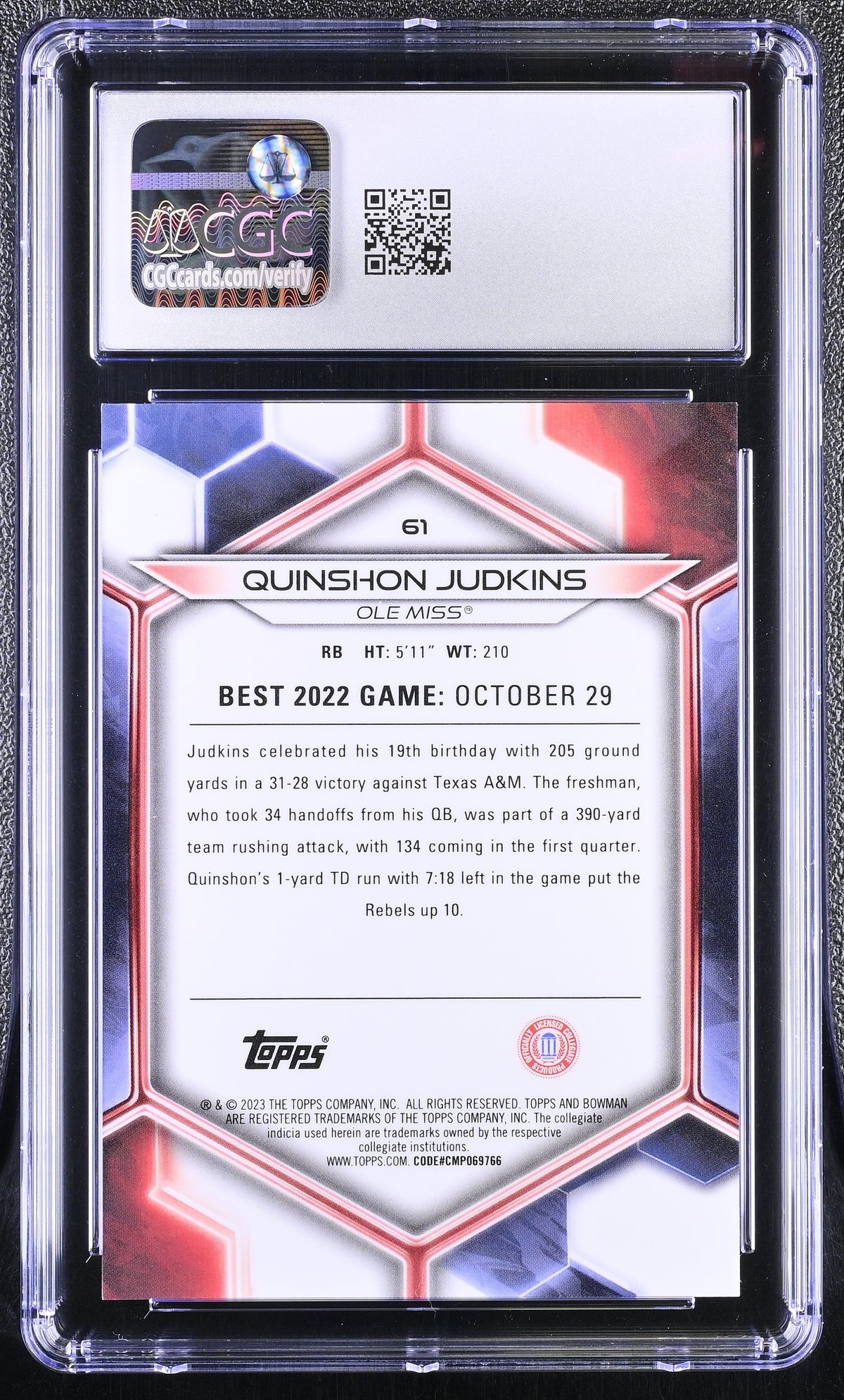 2023 Bowman University Best Quinshon Judkins Yellow /75 Rookie CGC 9.5 Ole Miss