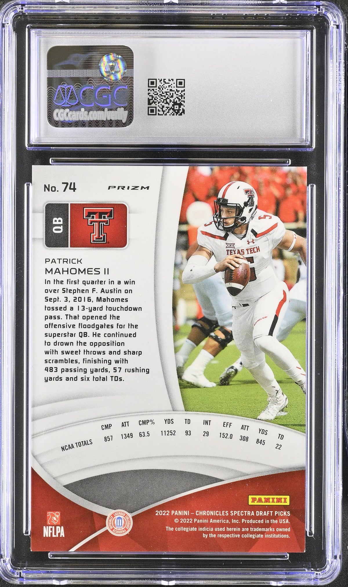 2022 Panini Chronicles Draft Picks Patrick Mahomes Spectra 74 CGC 9 Texas Tech