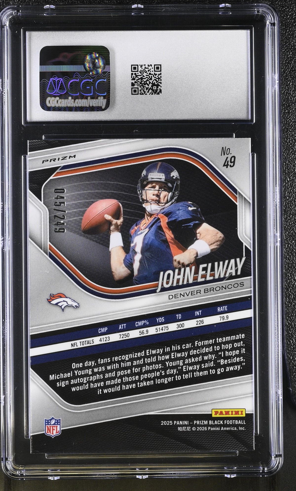 2025 Panini Prizm Black John Elway Skewed /249 #49 CGC 9.5 Denver Broncos