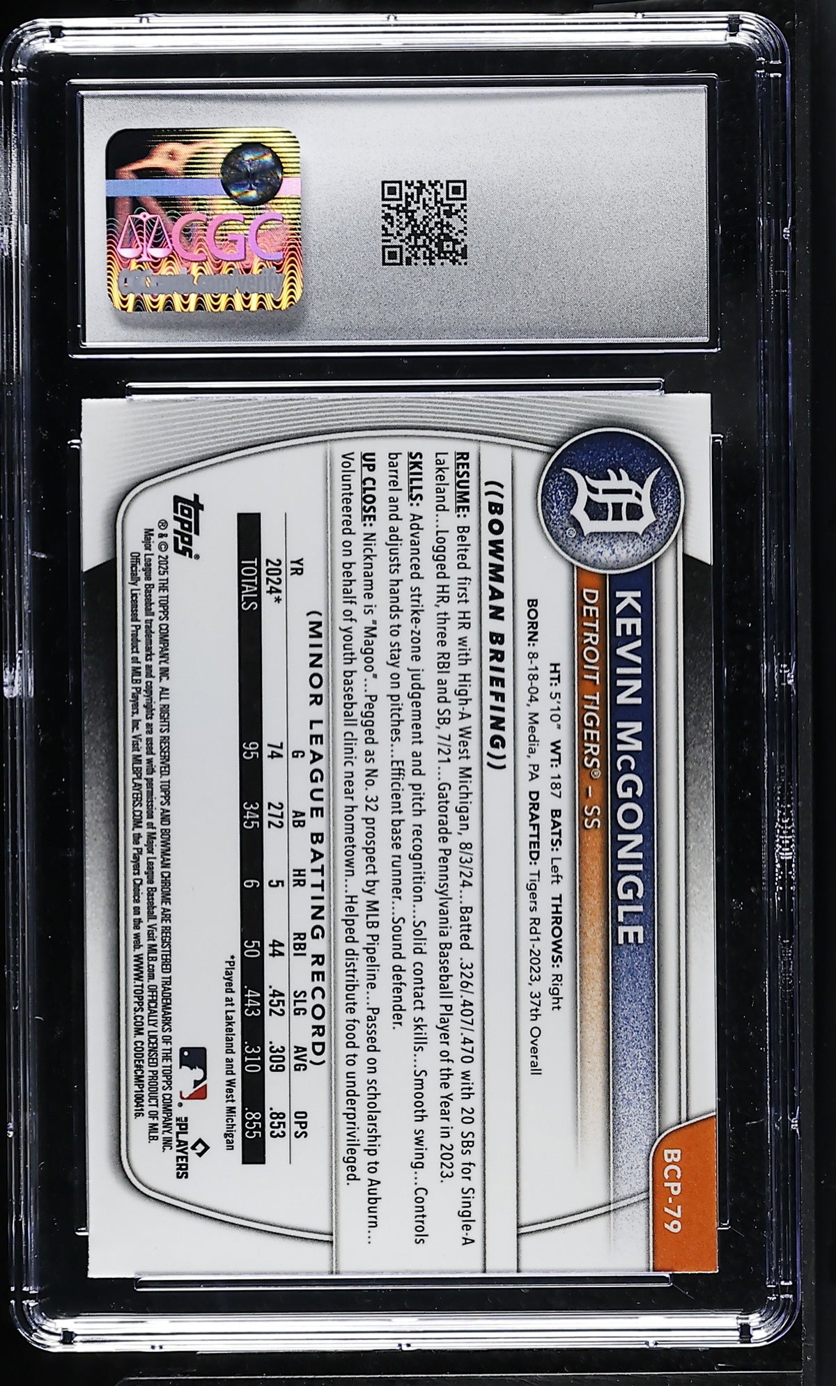 2025 Bowman Kevin McGonigle Rookie Chrome Prospects #BCP-79 CGC 9 Detroit Tigers