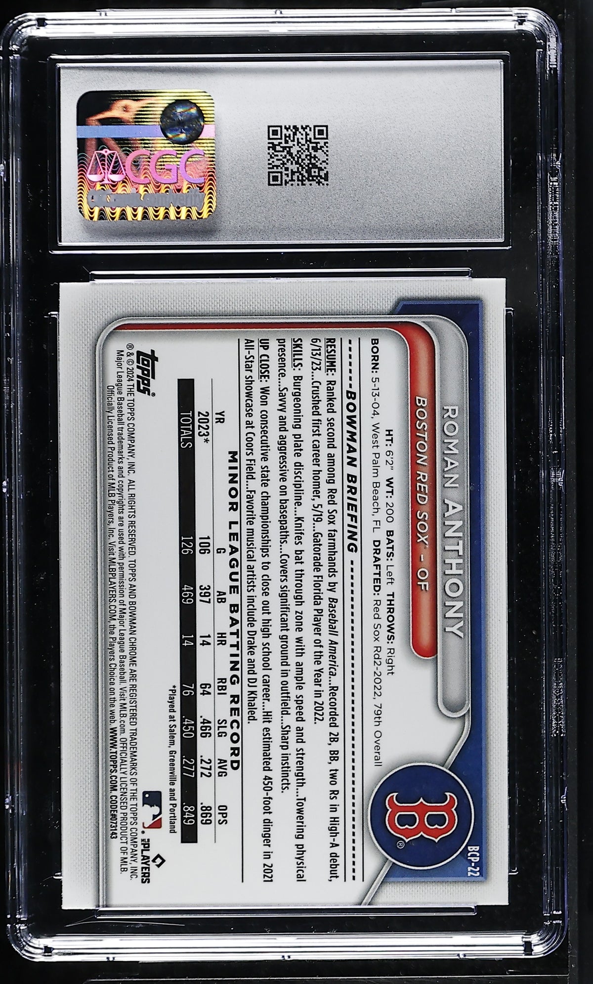 2024 Bowman Roman Anthony #BCP-22 Chrome Prospects CGC 9.5