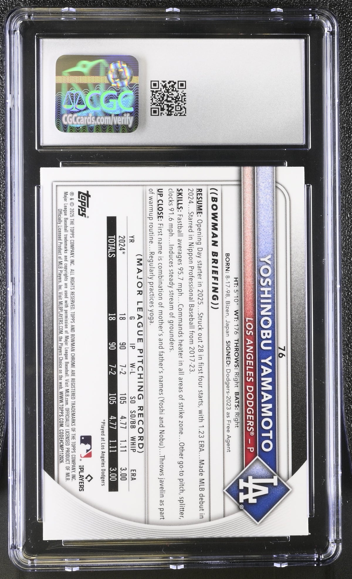 2025 Bowman Chrome Yoshinobu Yamamoto #76 CGC 9 Los Angeles Dodgers