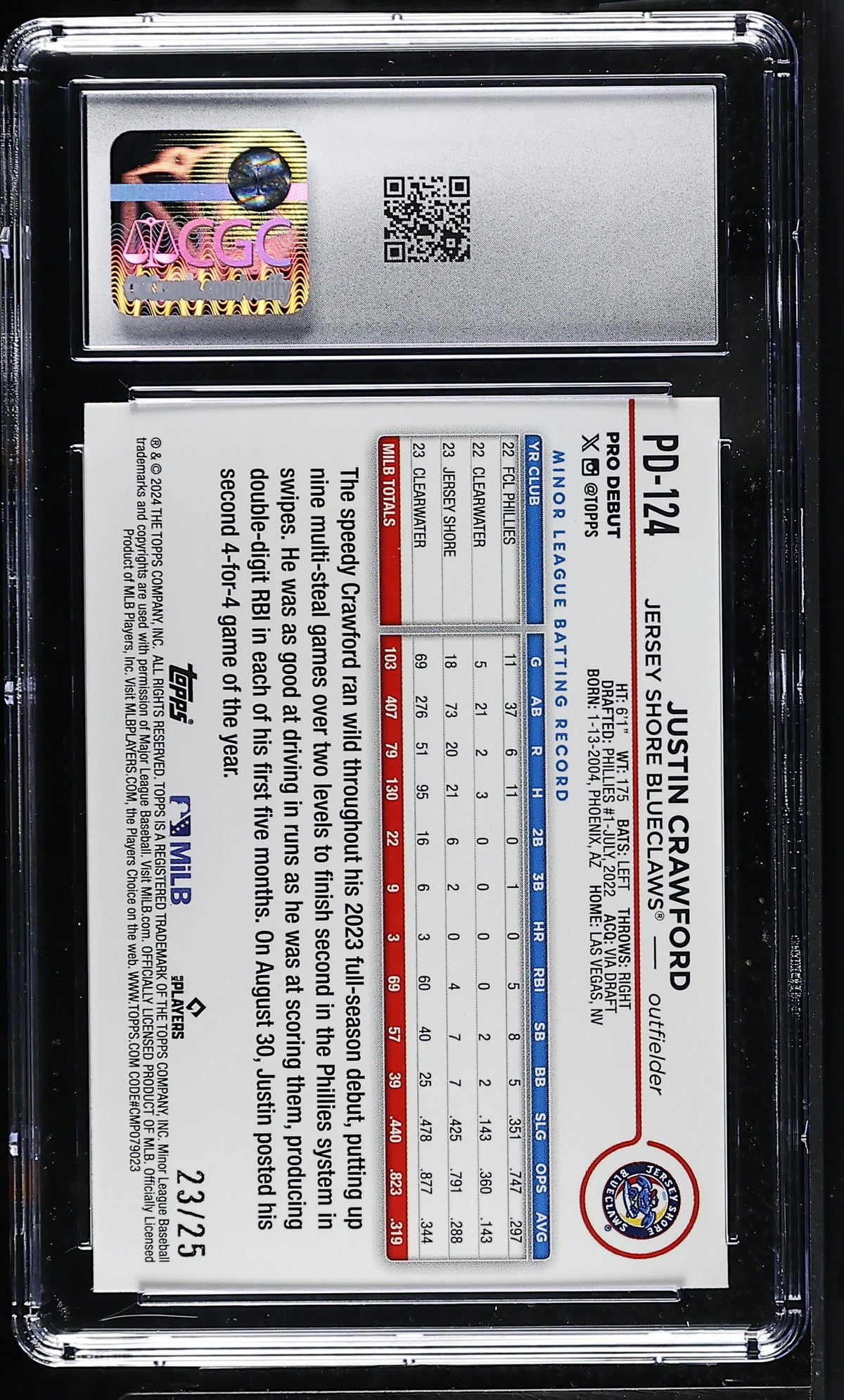 2024 Topps Pro Debut Justin Crawford Orange Foil /25 Rookie 124 CGC 10 Bluecrabs