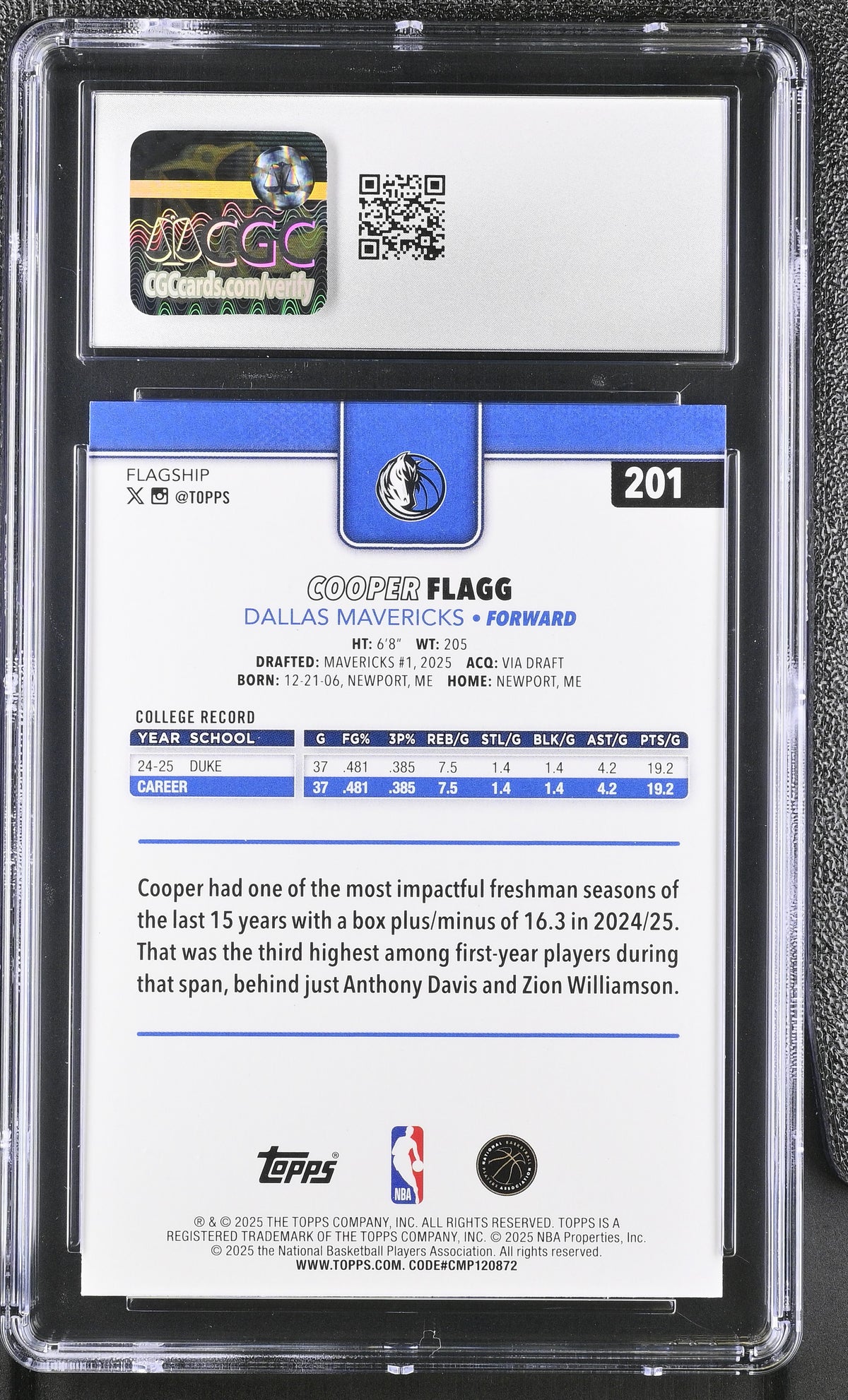 2025-26 Topps Cooper Flagg Rookie #201 CGC 10 Dallas Mavericks
