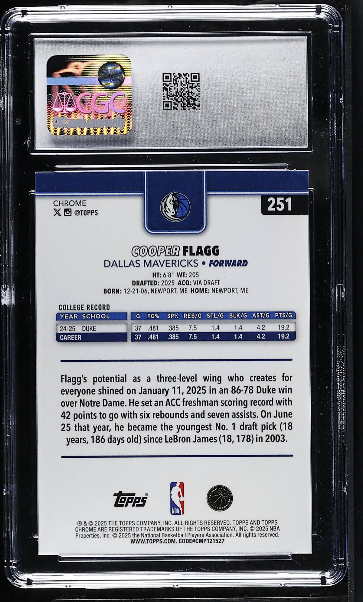 2025-26 Topps Chrome Cooper Flagg Rookie #251 CGC 10 Dallas Mavericks
