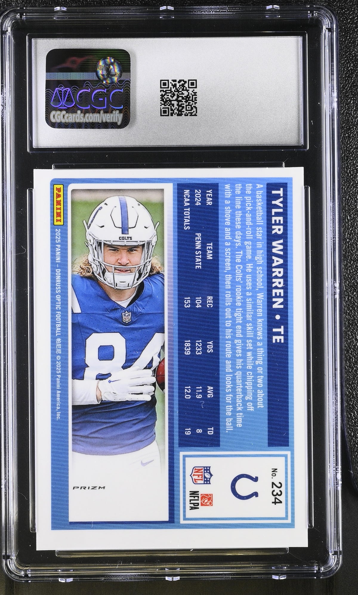 2025 Donruss Optic Tyler Warren Pink Rookie #234 CGC 9.5 Indianapolis Colts