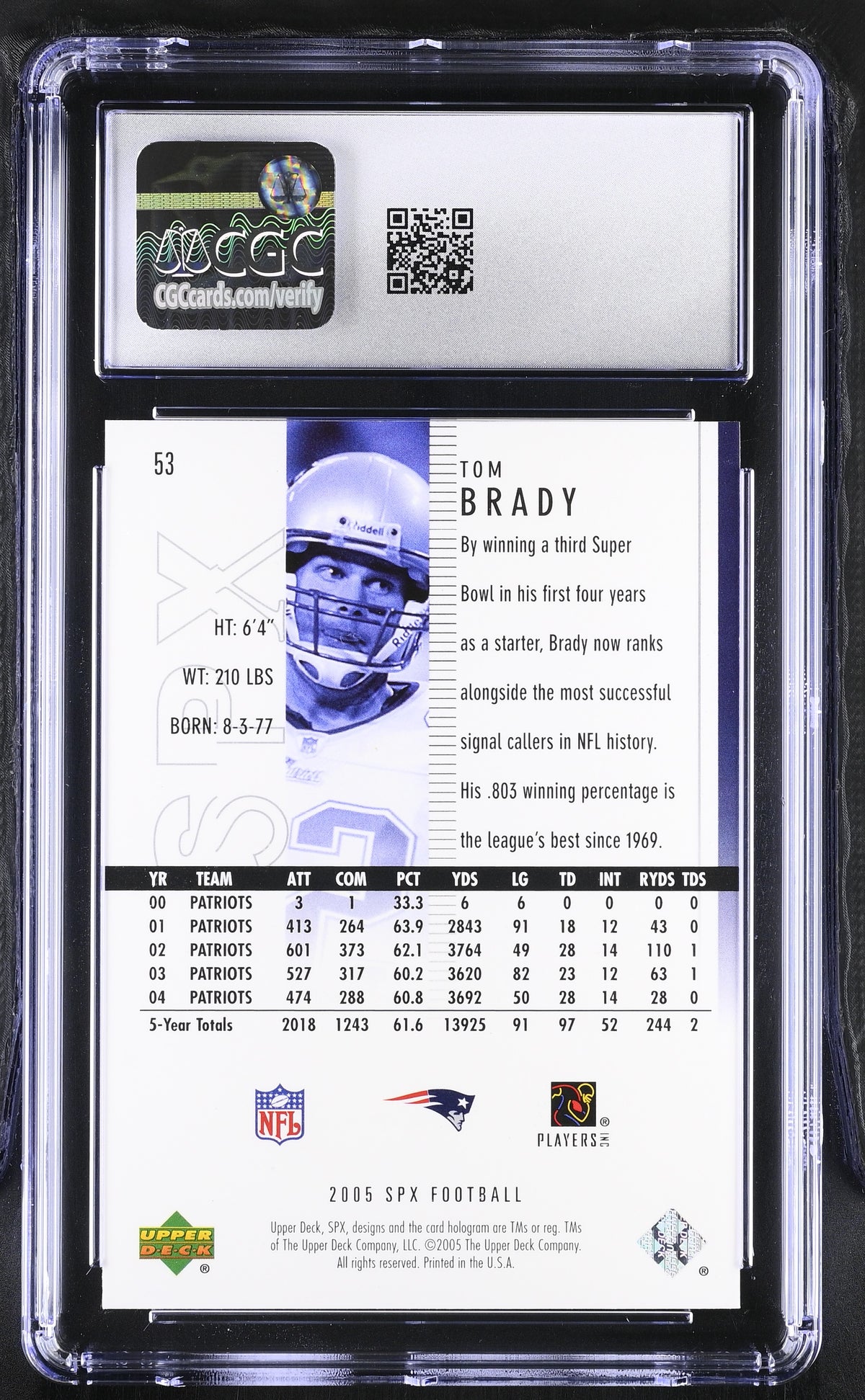 2005 SPX Tom Brady #53 CGC 10 New England Patriots