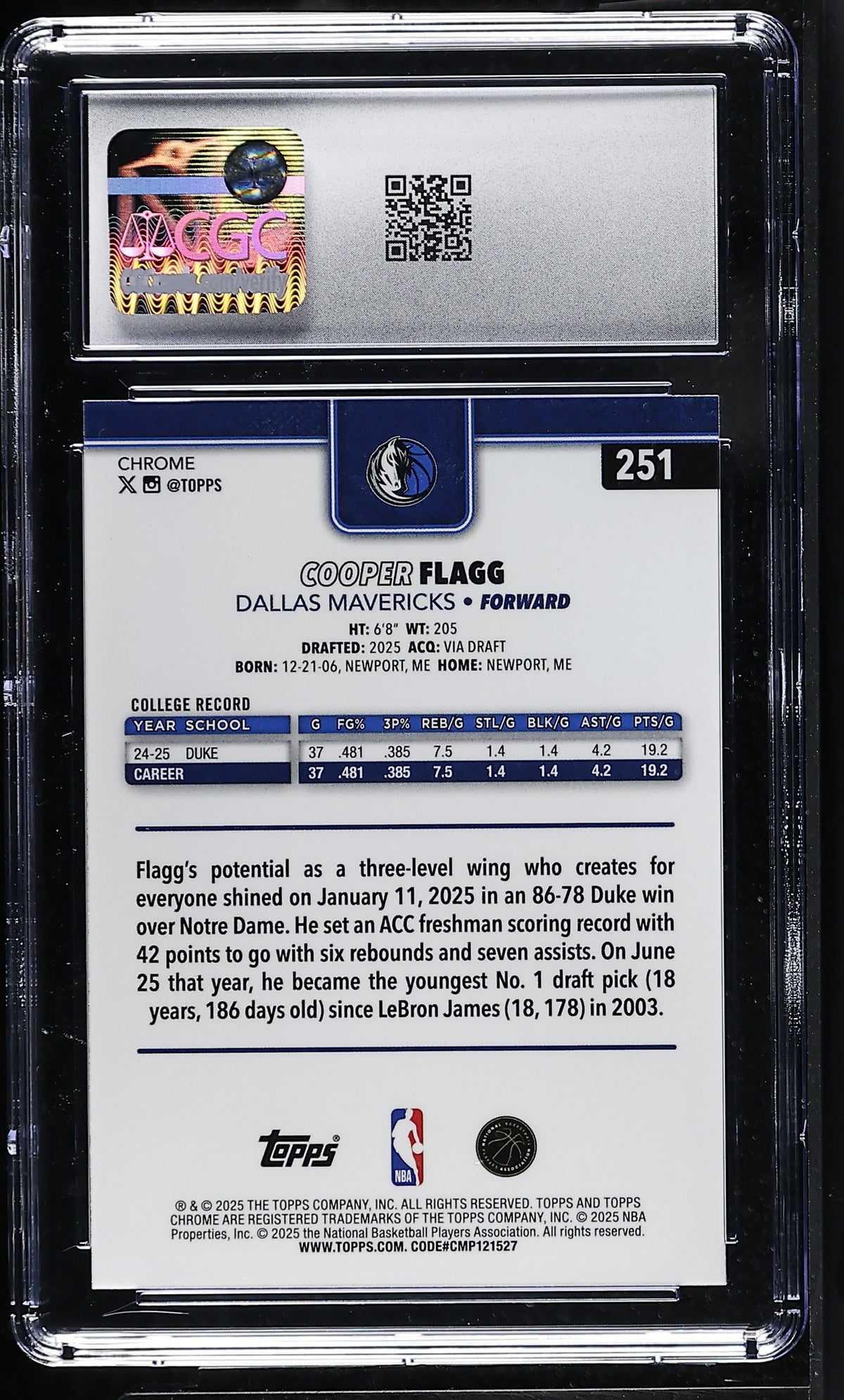 2025-26 Topps Chrome Cooper Flagg Rookie #251 CGC 9 Dallas Mavericks