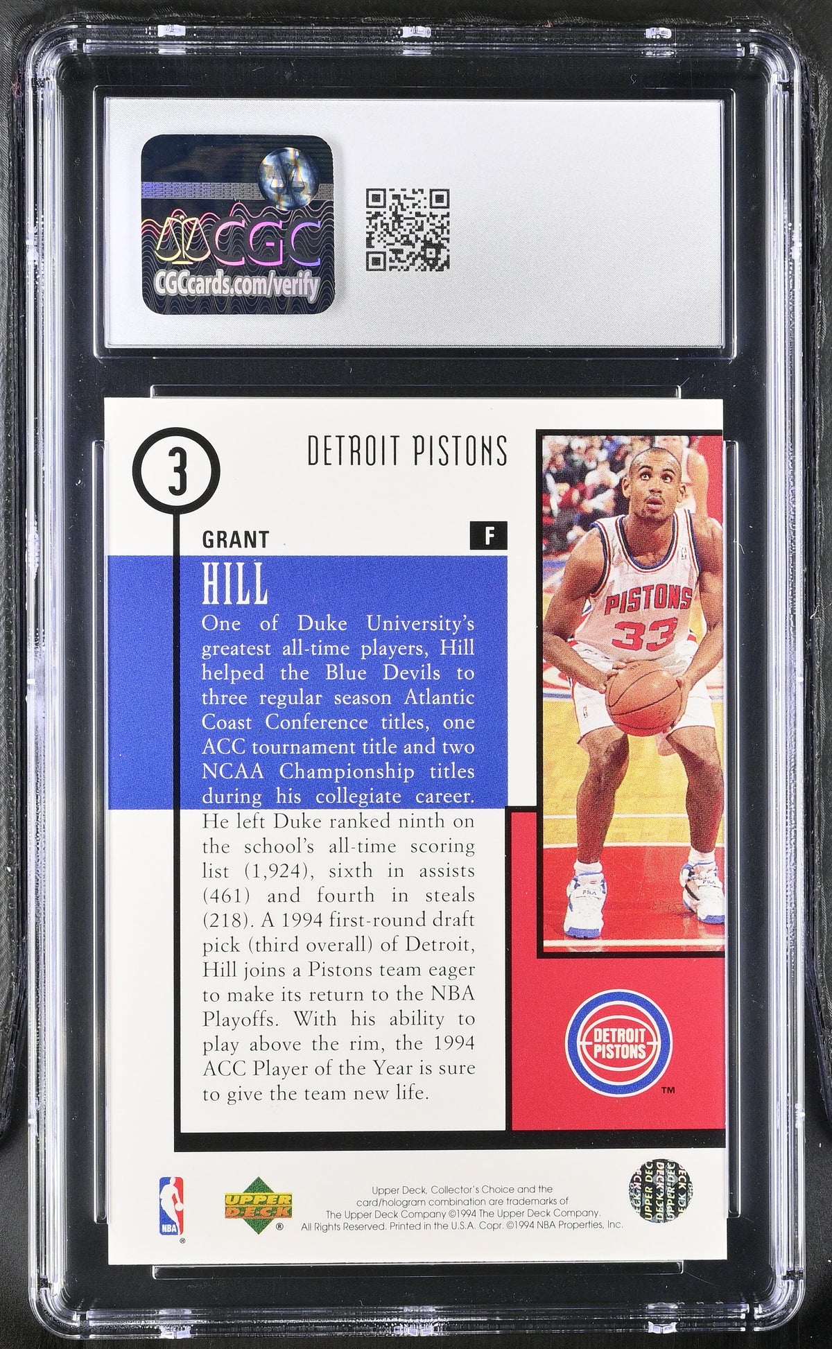 1994-95 Collector's Choice Grant Hill Rookie Draft Trade #3 CGC 10 Pistons