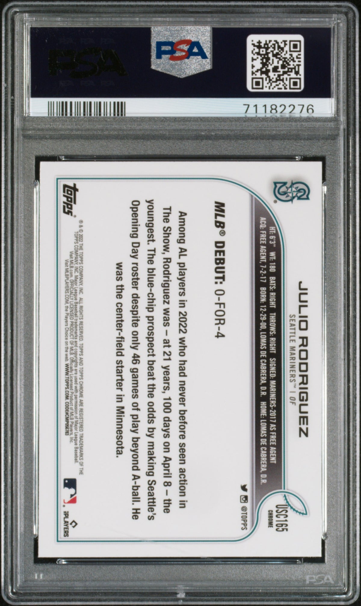 2022 Topps Chrome Update Julio Rodriguez Purple Rookie #USC165 PSA 10 Mariners