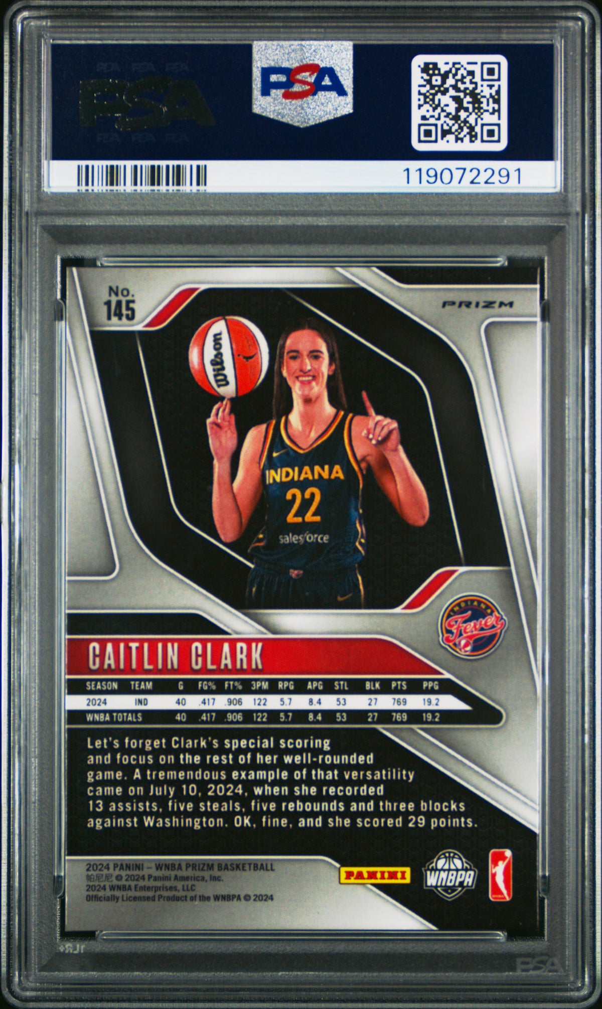2024 Panini Prizm WNBA Caitlin Clark Silver Rookie #145 PSA 9 Indiana Fever
