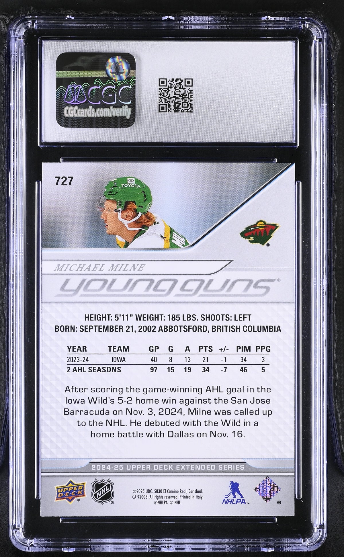2024-25 Upper Deck Extended Michael Milne Young Guns Rookie #727 CGC 10 Wild