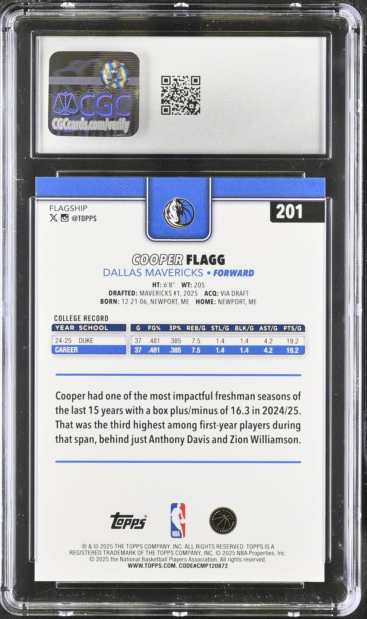 2025-26 Topps Cooper Flagg Rookie #201 CGC 10 Dallas Mavericks