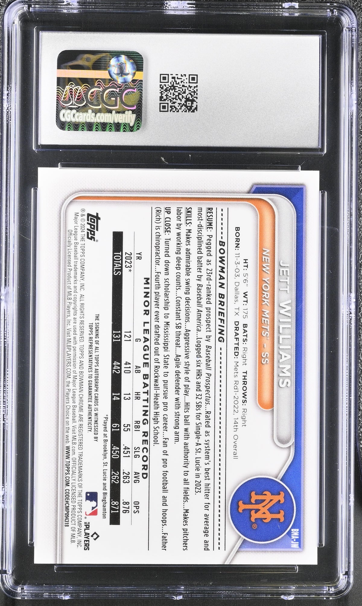 2024 Bowman Chrome Mega Box Jett Williams Rookie Autographs #BMA-JW CGC 10 Mets