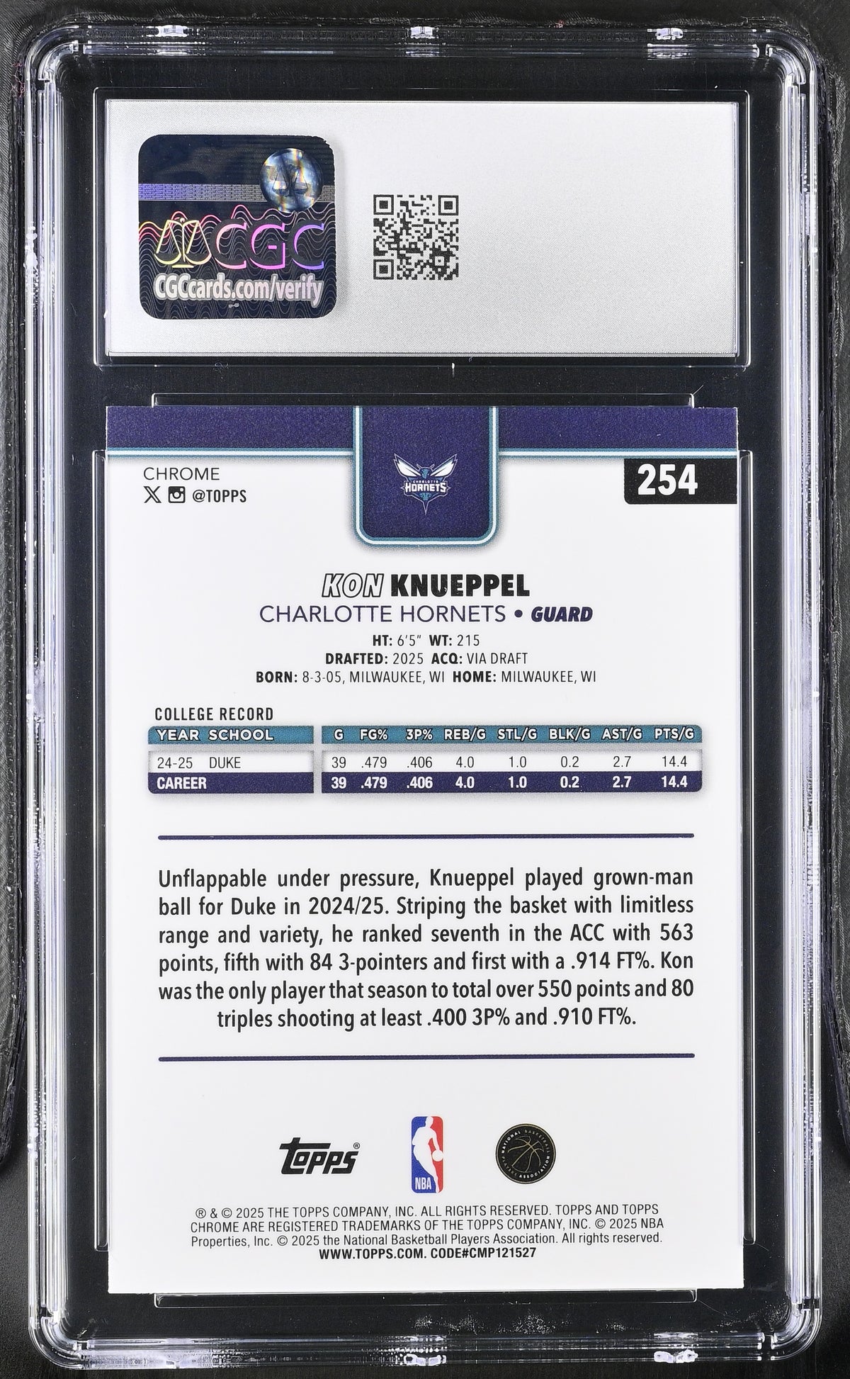 2025-26 Topps Chrome Kon Knueppel Rookie #254 CGC 10 Charlotte Hornets