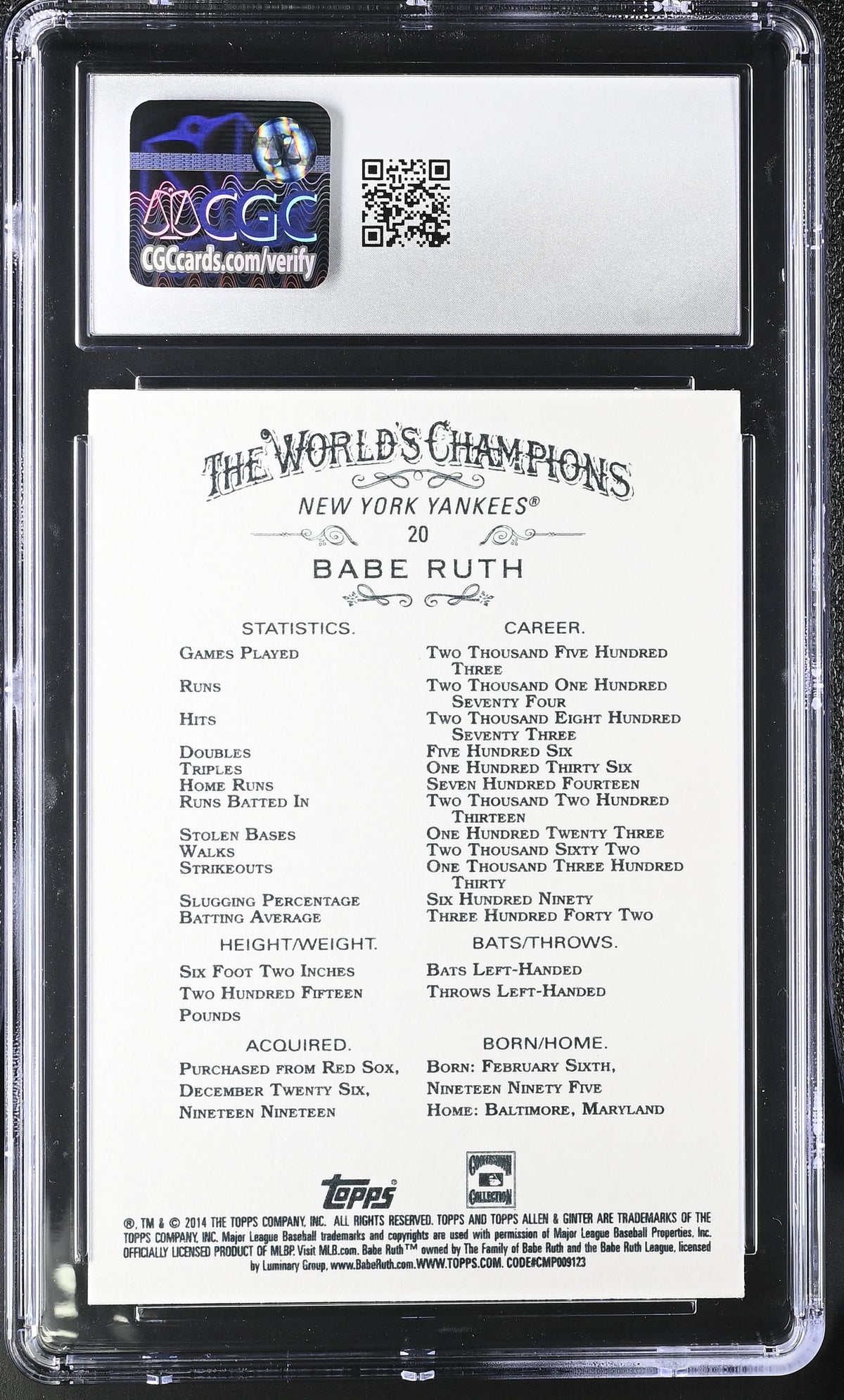 2014 Topps Allen & Ginter Babe Ruth #20 CGC 10 New York Yankees